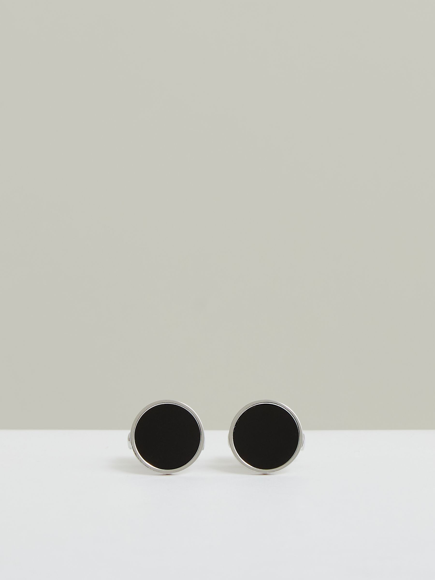 Inlaid Round Cufflinks in Silver Tone/Onyx