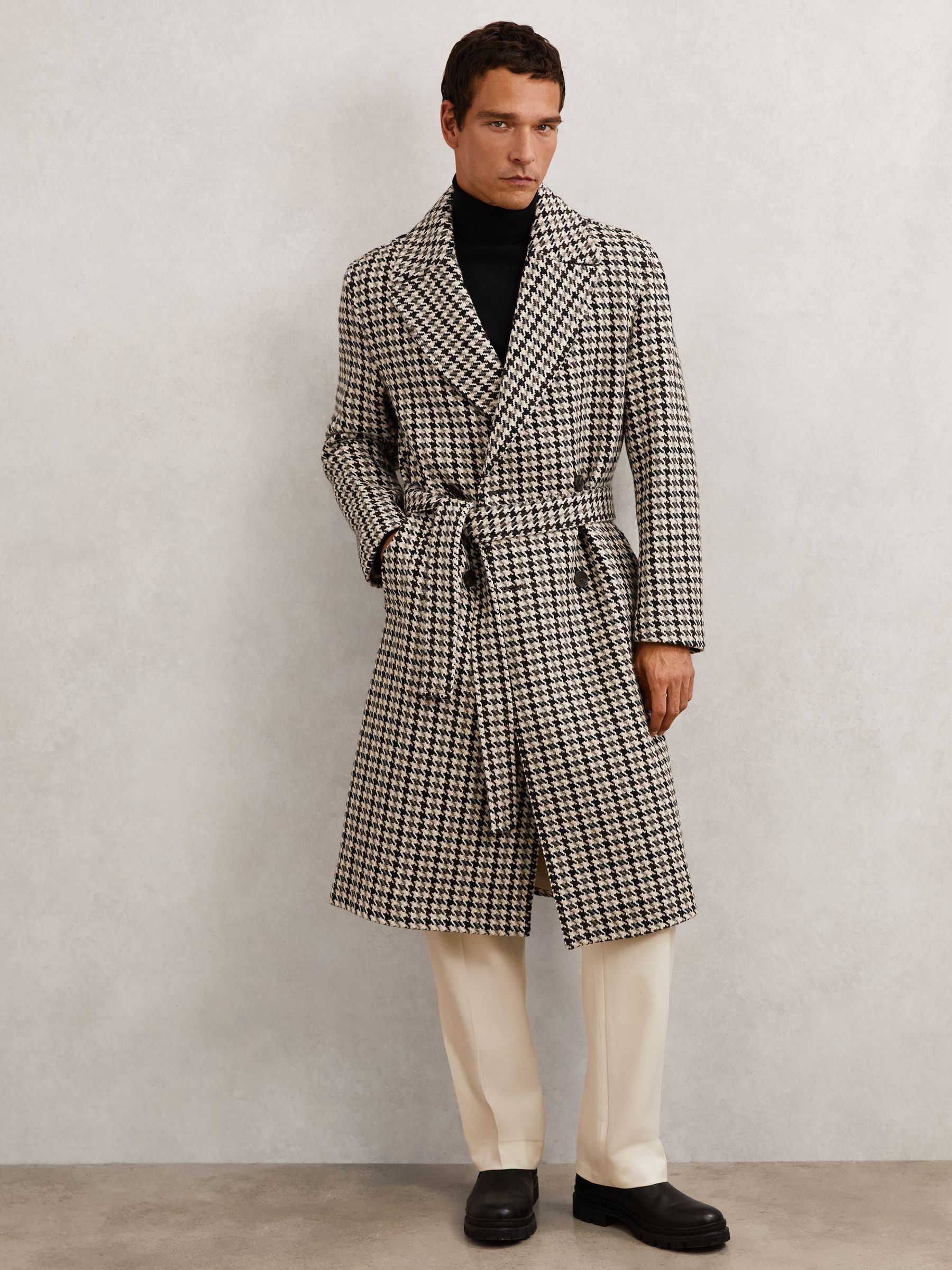 Wool Dogtooth Double-Breasted Overcoat in Brown Multi