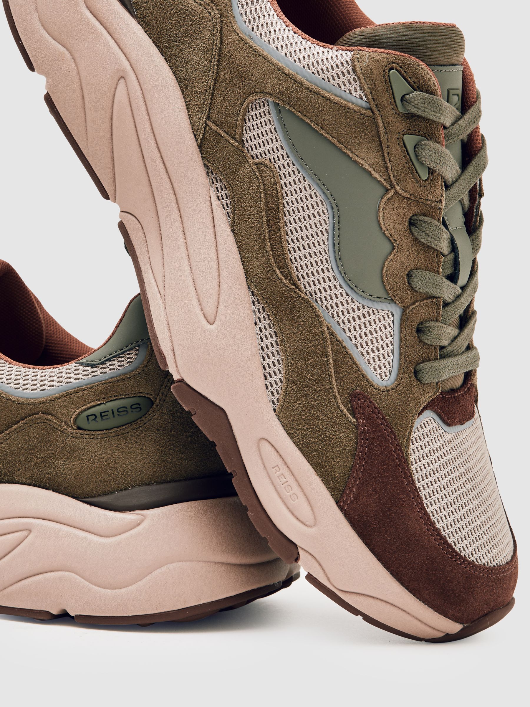 Chunky-Sole Panelled Runner Trainers in Brown/Khaki Green