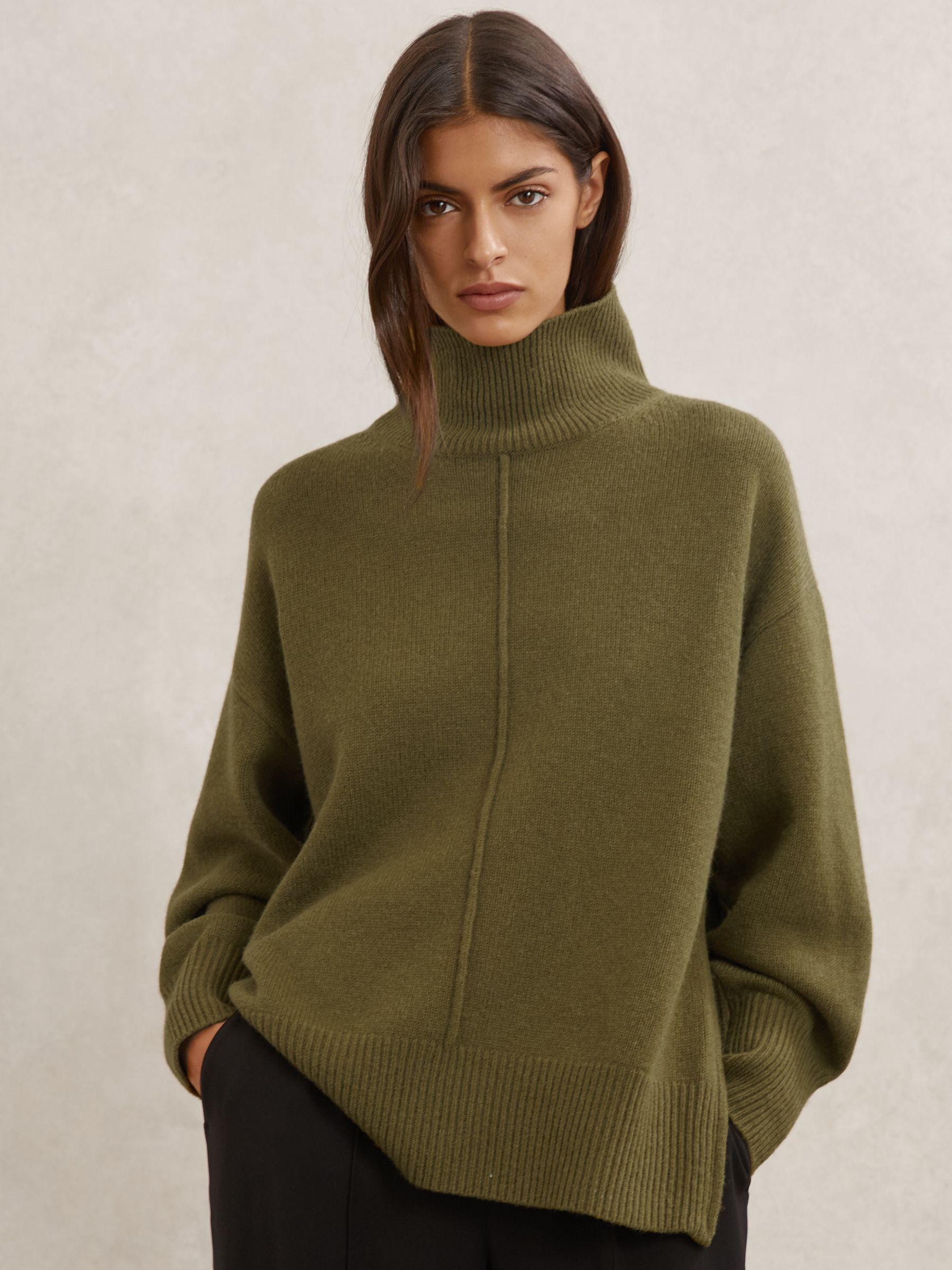Wool Zip-Detail Funnel-Neck Jumper in Green
