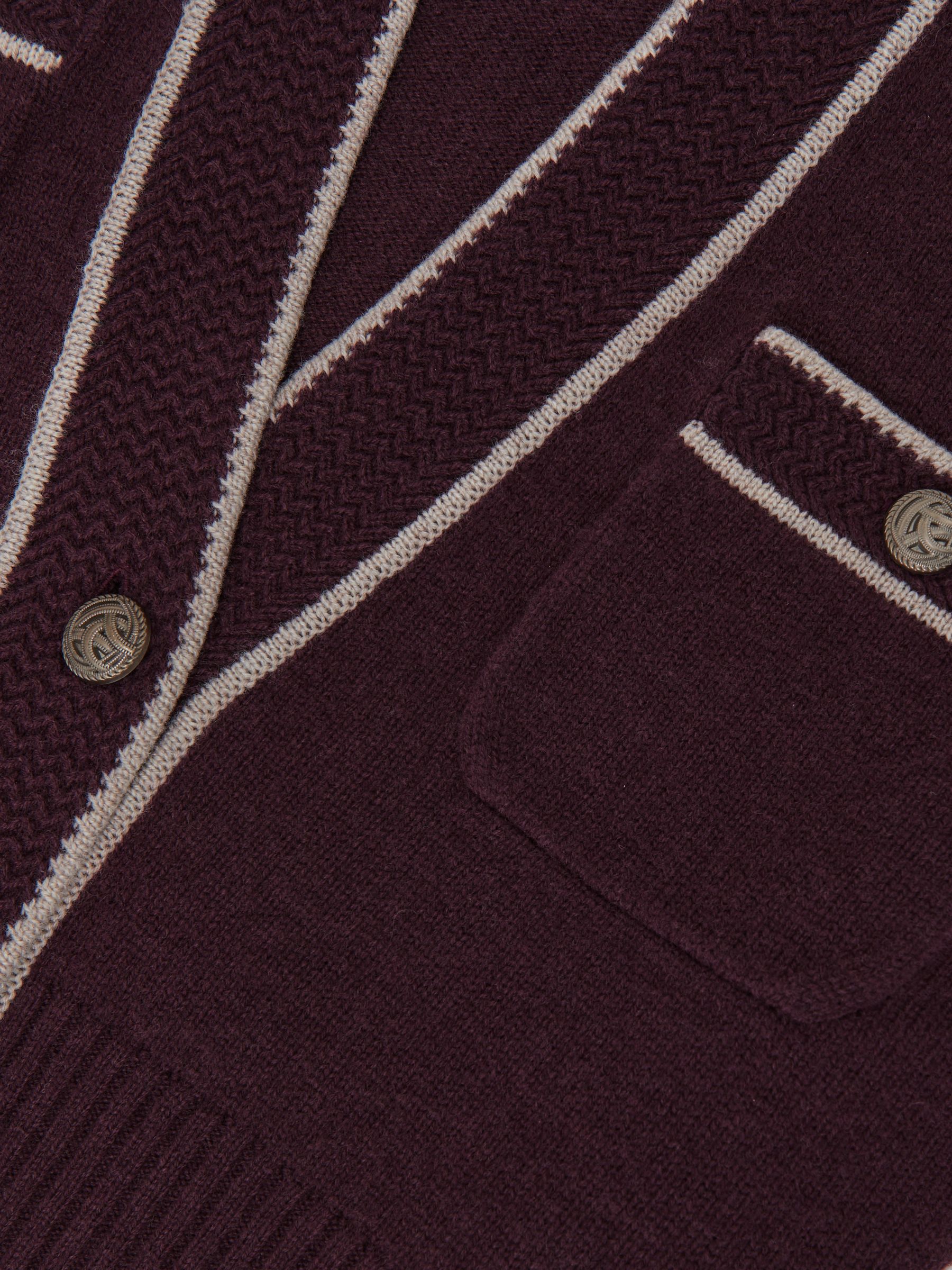 Wool-Cashmere Tipped V-Neck Cardigan in Burgundy/Neutral