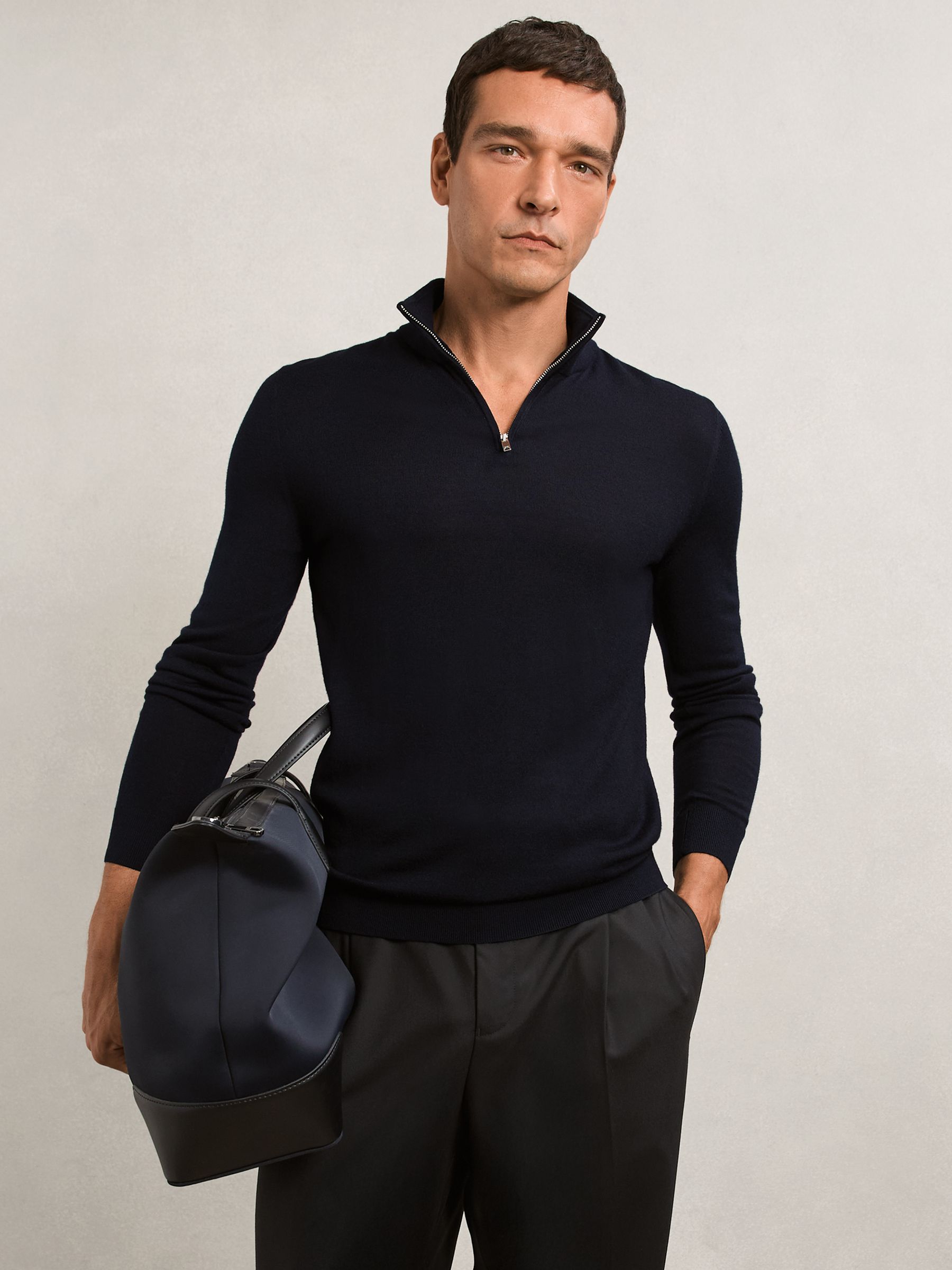 Merino Wool Half-Zip Funnel Neck Jumper in Beige