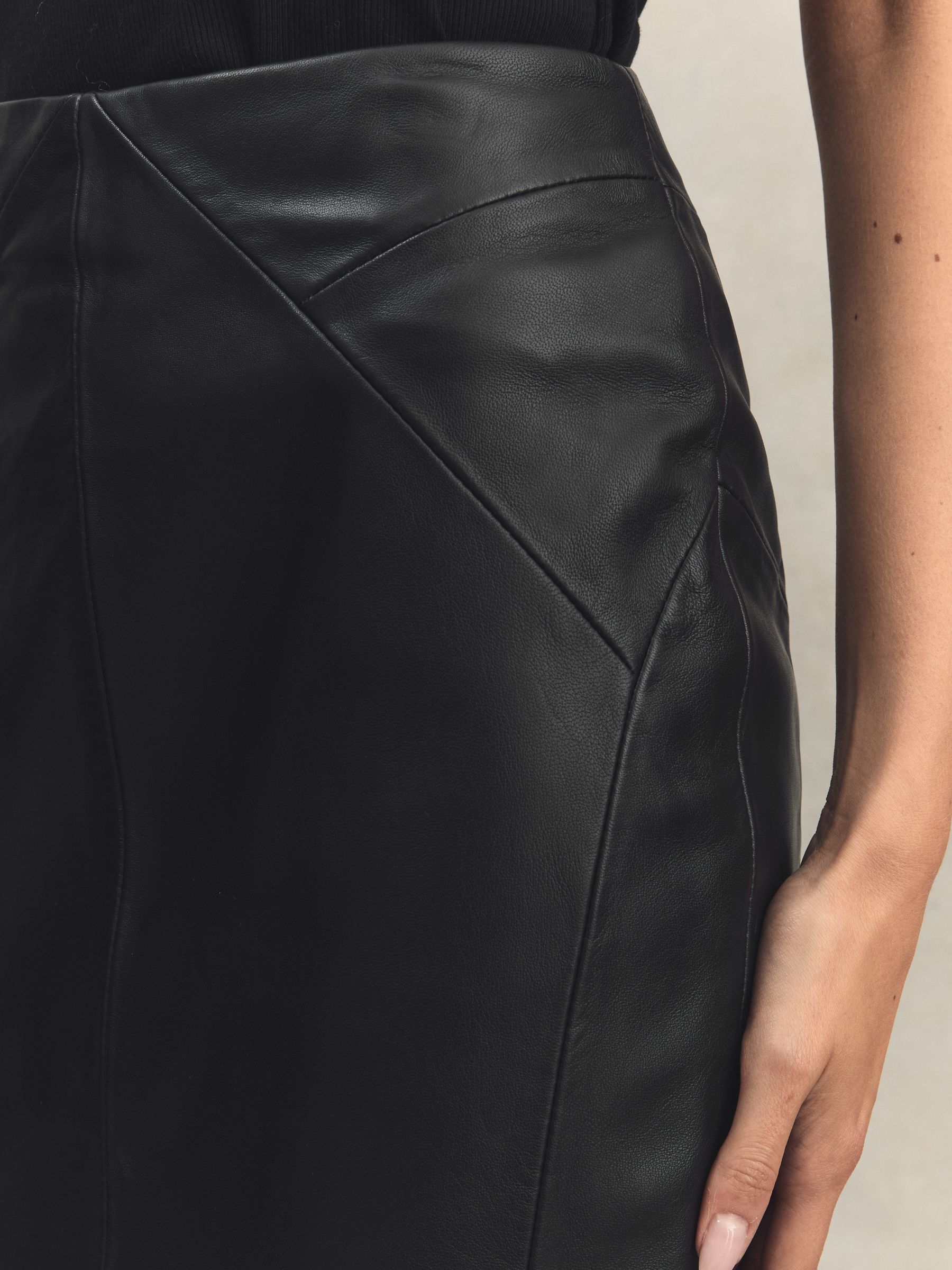 Leather High Rise Midi Skirt in Black