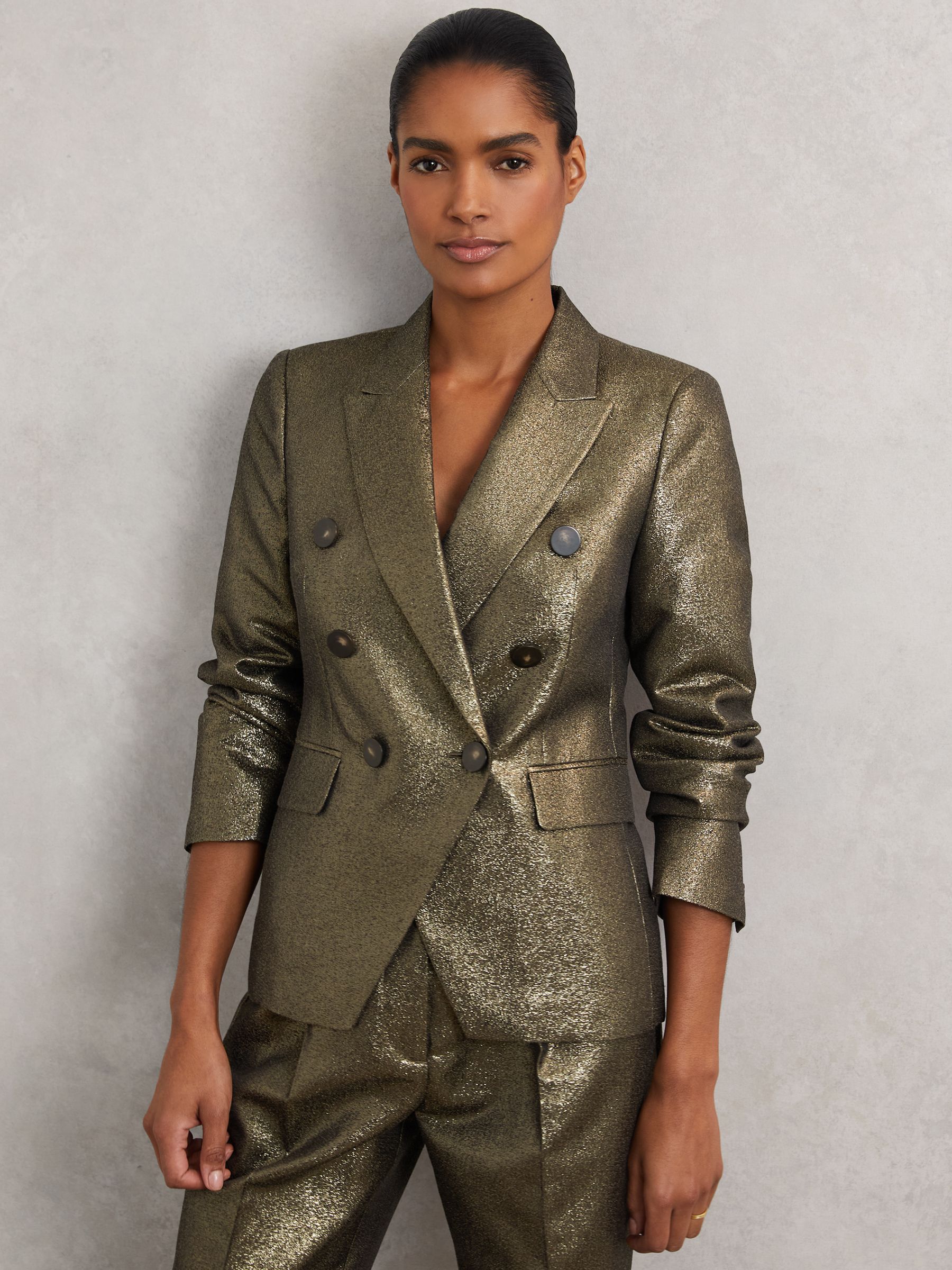 Double-Breasted Metallic Suit Blazer with Cotton in Gold