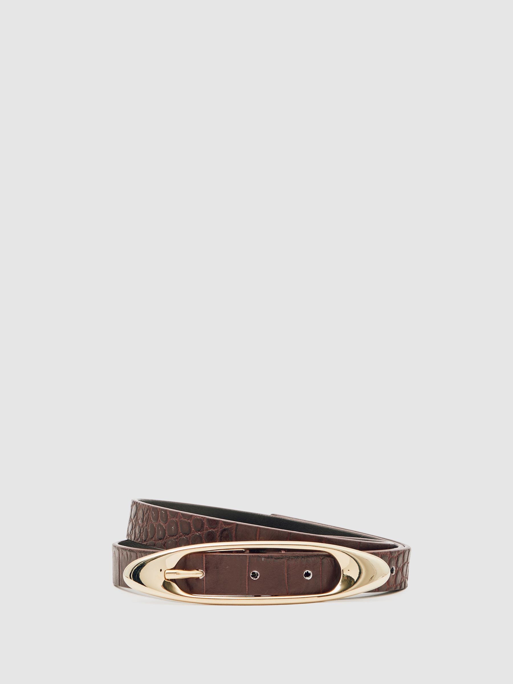 Leather Oval-Buckle Belt in Burgundy Croc-Effect