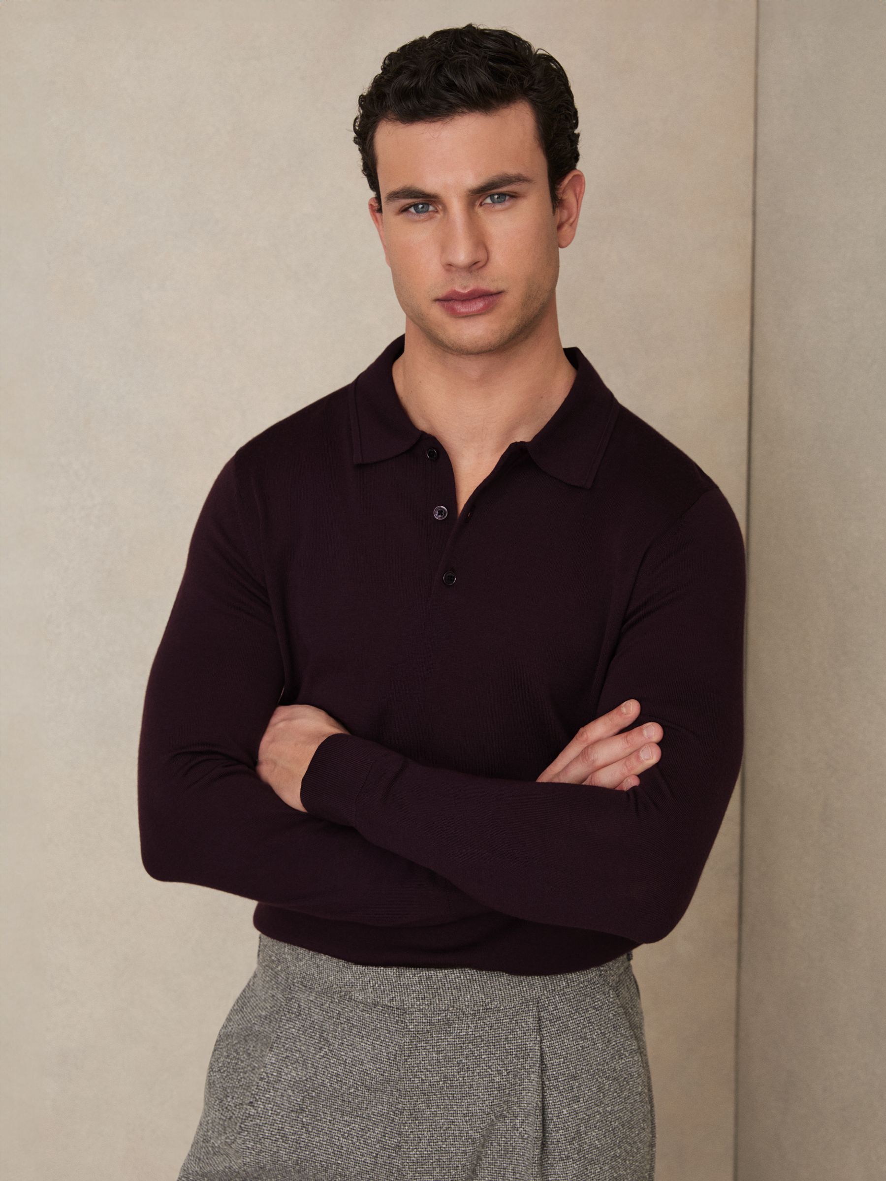 Merino Wool Long-Sleeve Polo Shirt in Beige