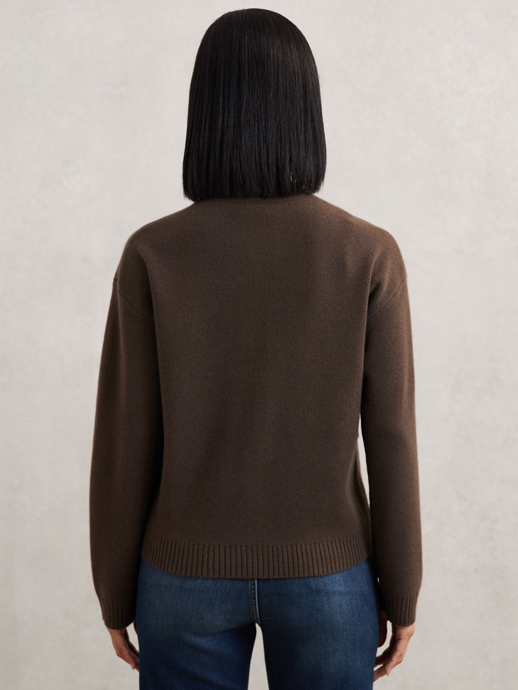 Wool-Cashmere Crew-Neck Cardigan in Chocolate Brown