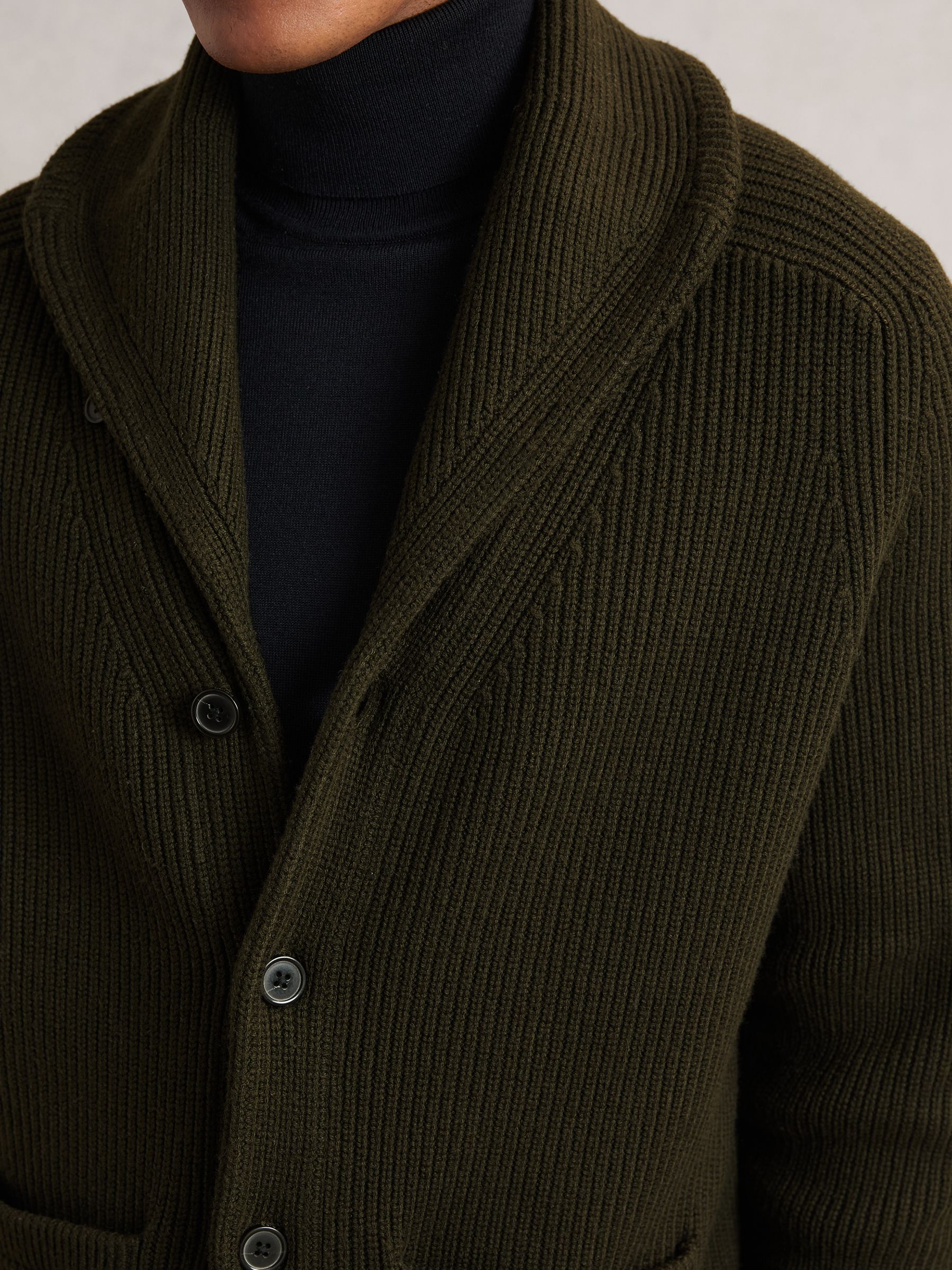 Shawl-Collar Cardigan With Wool in Dark Olive Green