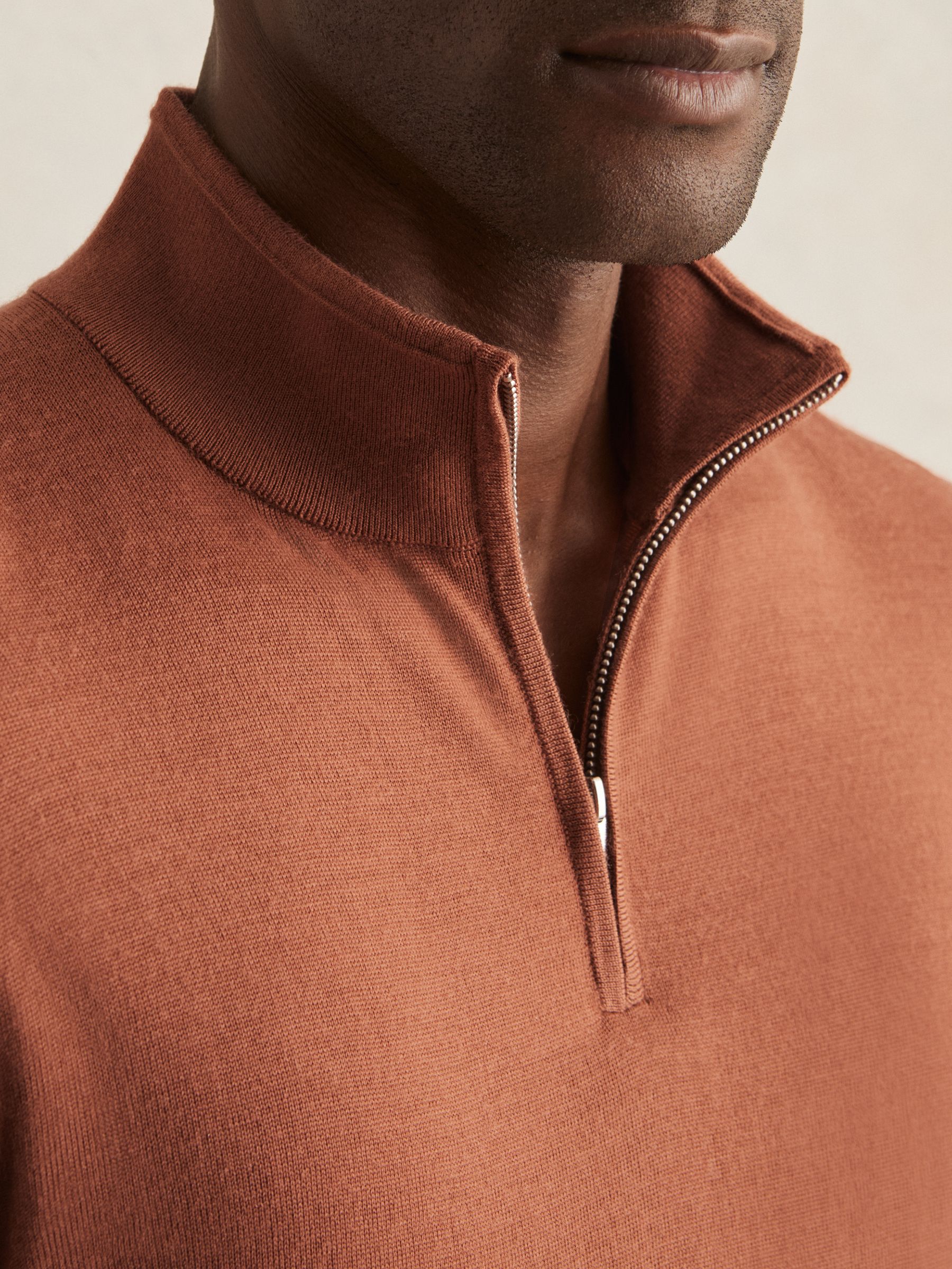 Merino Wool Half-Zip Funnel Neck Jumper in Cinnamon Brown