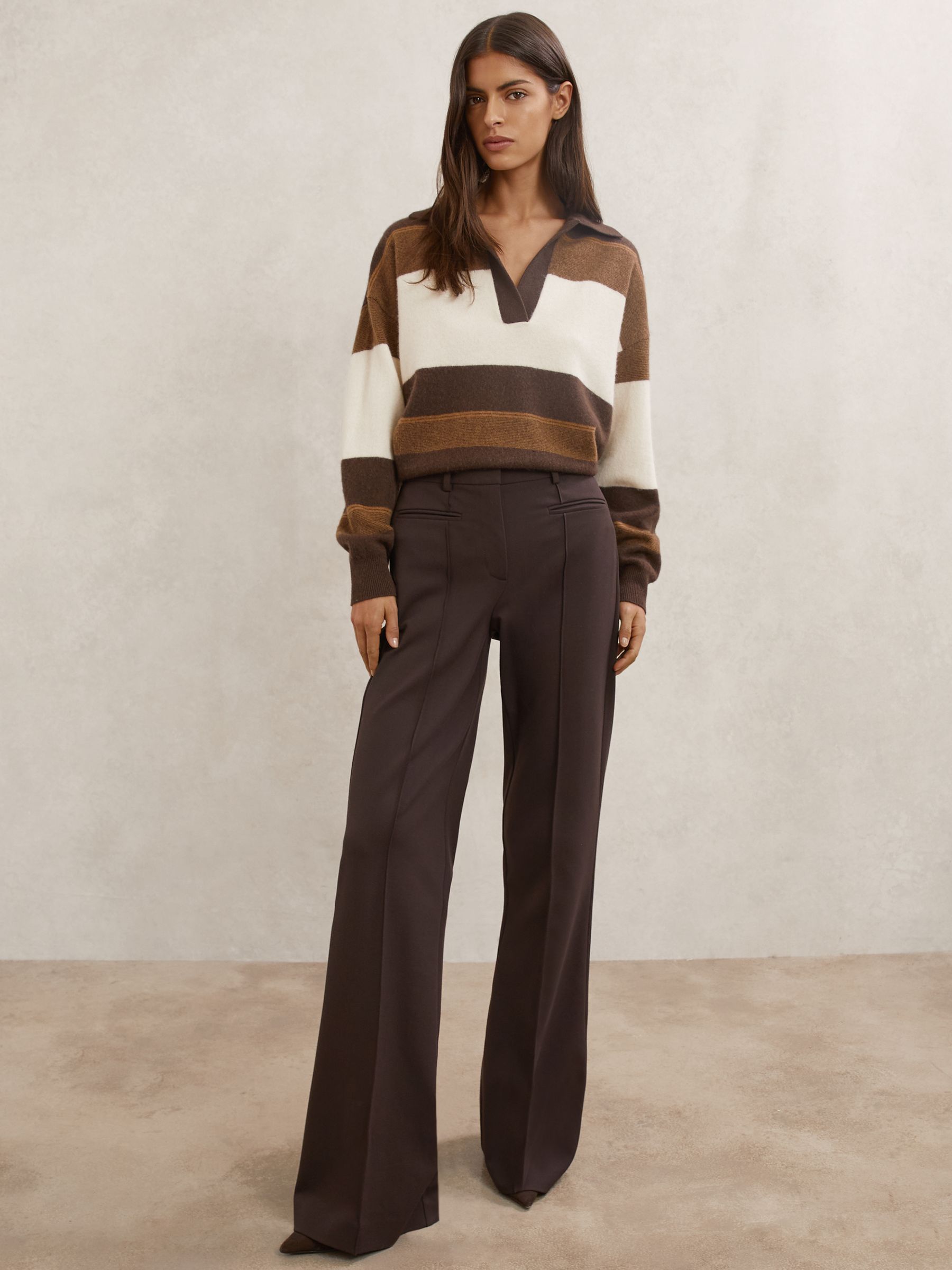 Wool-Cashmere Stripe Collared Jumper in Chocolate/Cream