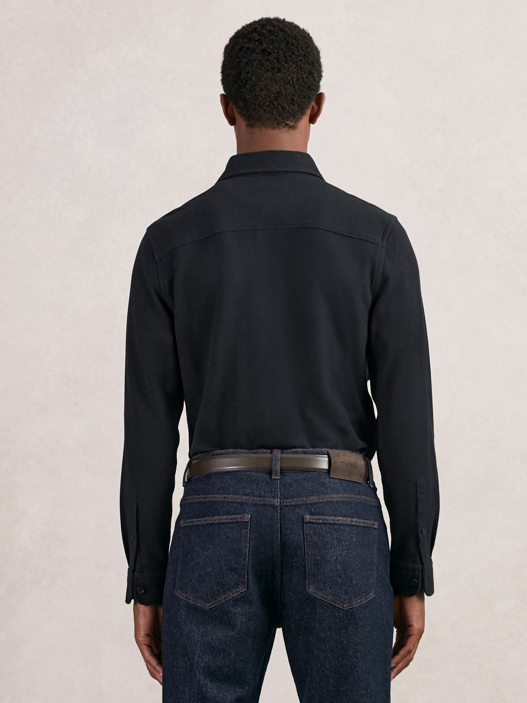 Textured Twin Pocket Cotton Blend Overshirt in Navy