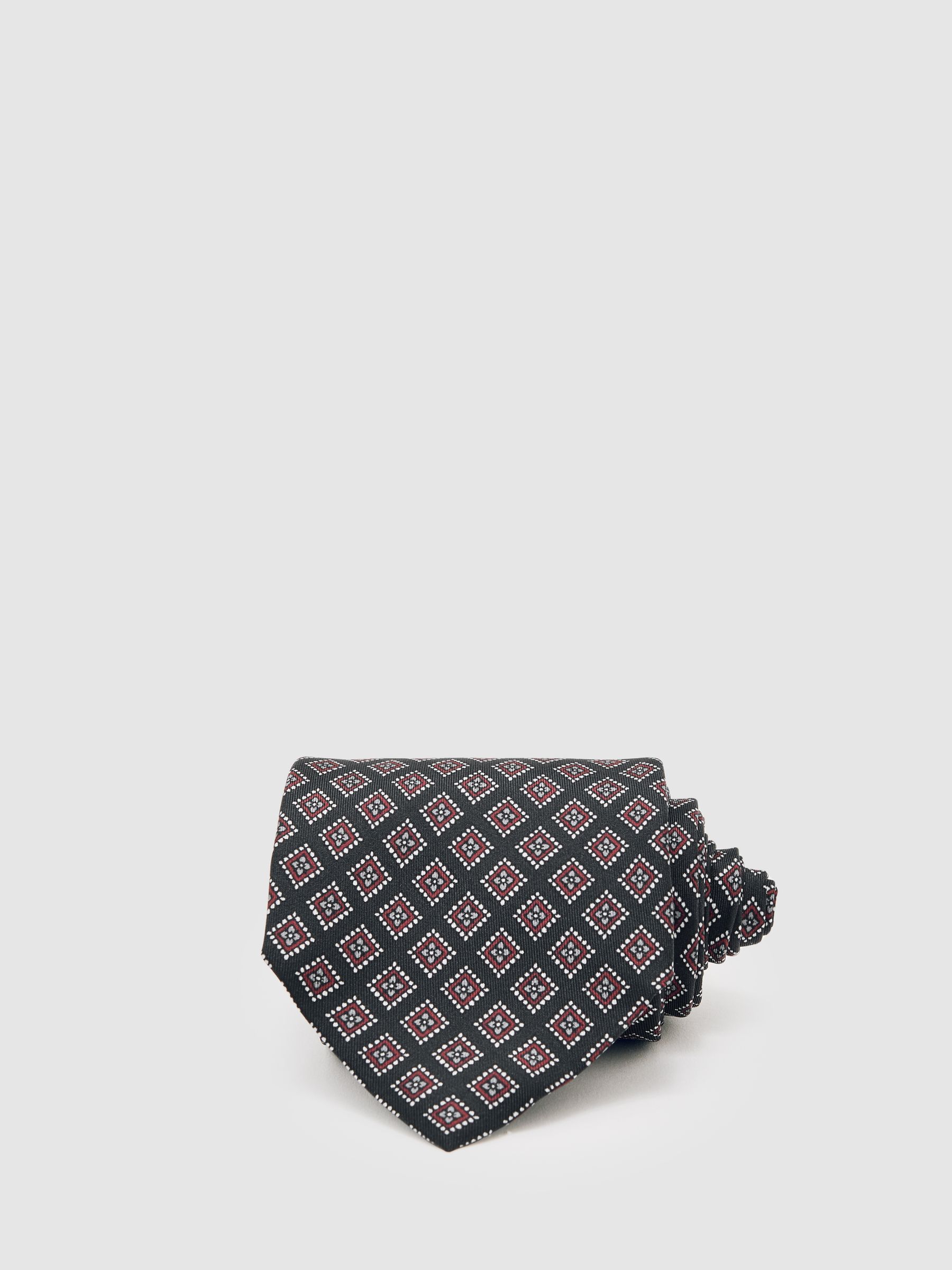 Silk Floral Medallion-Print Tie in Charcoal/Bordeaux