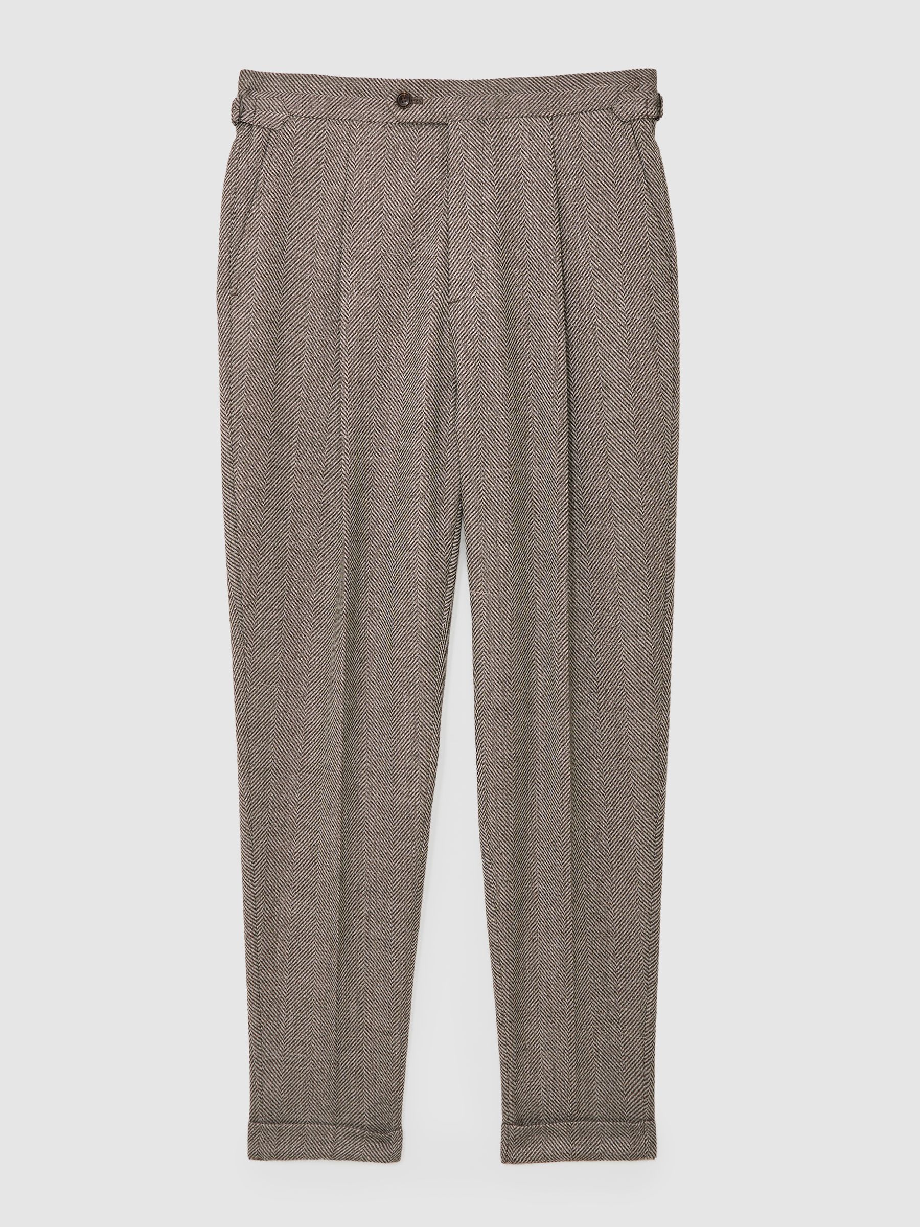Wool-Blend Slim Herringbone Trousers in Brown