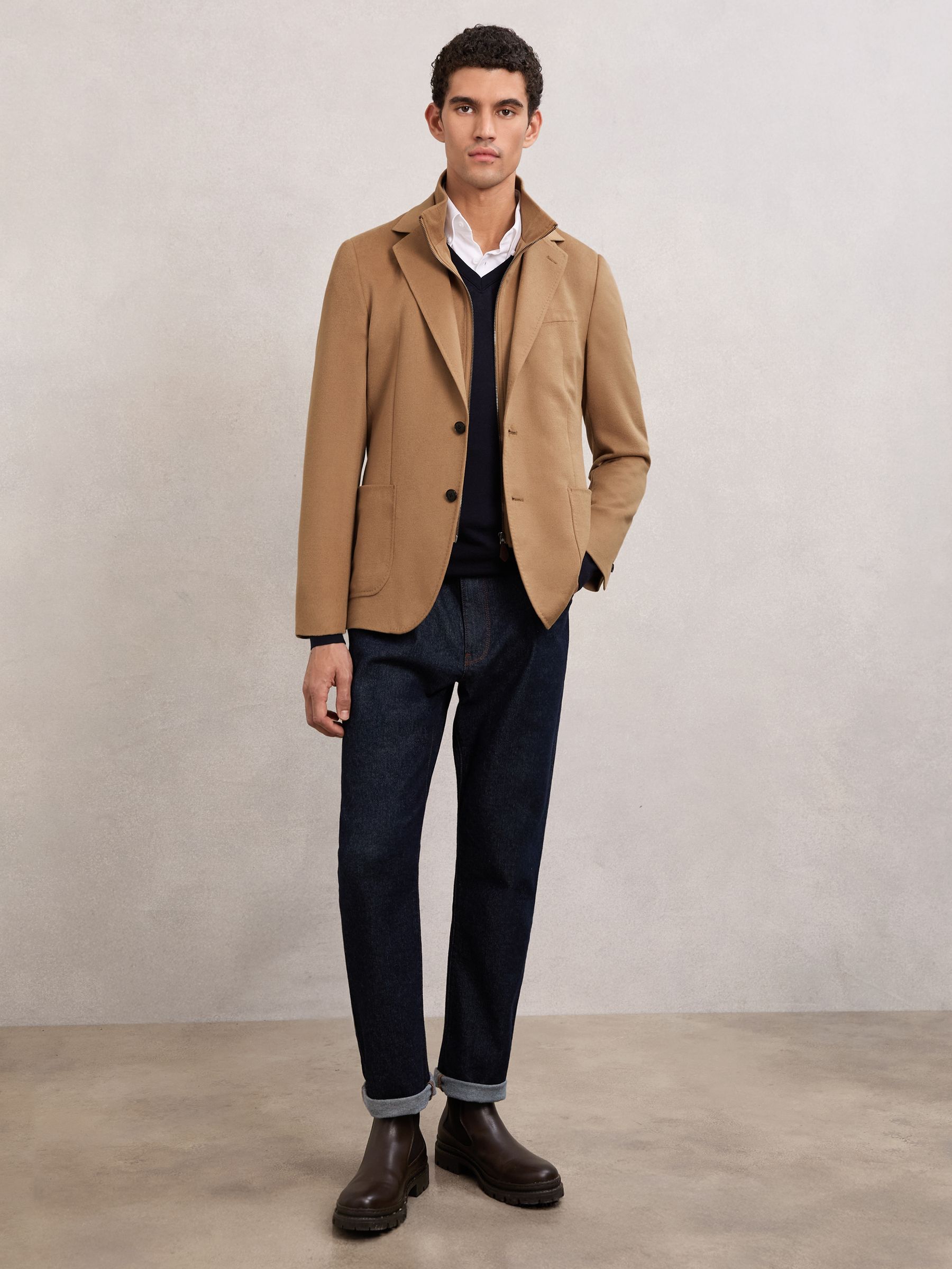 Single-Breasted Blazer With Gilet Insert Tailored-Fit in Camel Brown