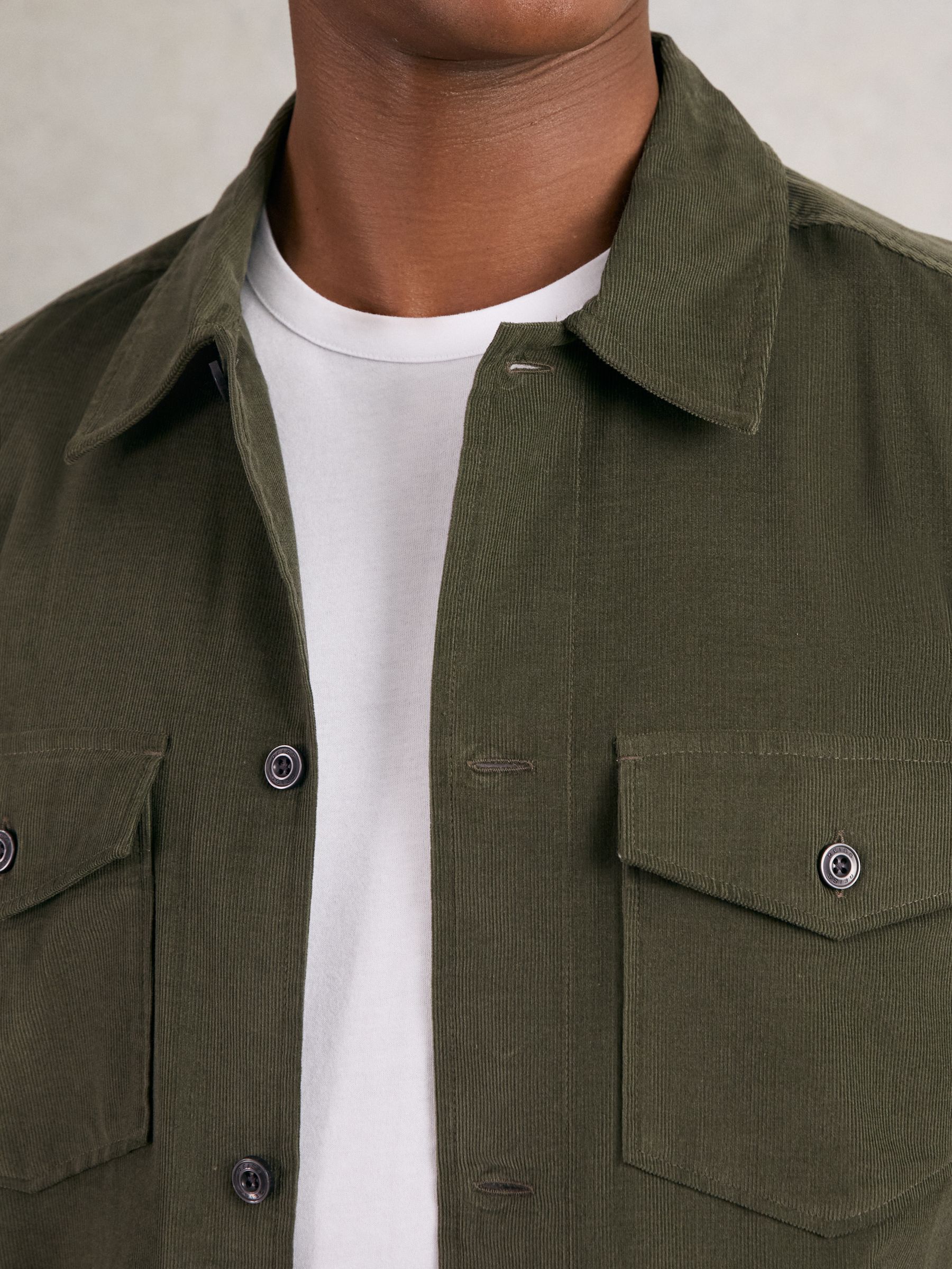 Cotton Corduroy Twin-Pocket Overshirt in Khaki Green