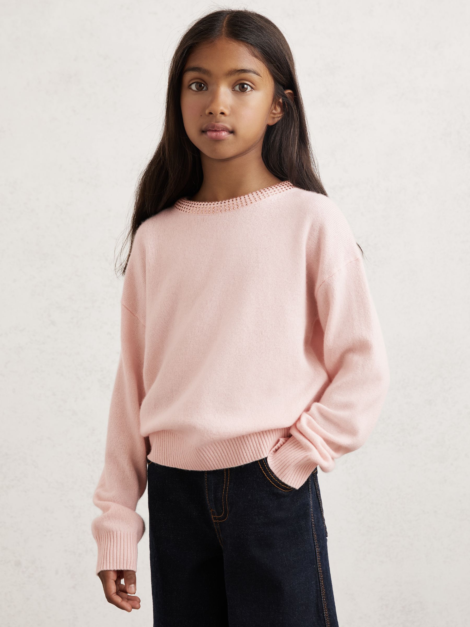 9-13 yrs Wool-Blend Crystal-Neckline Jumper With Cashmere in Berry