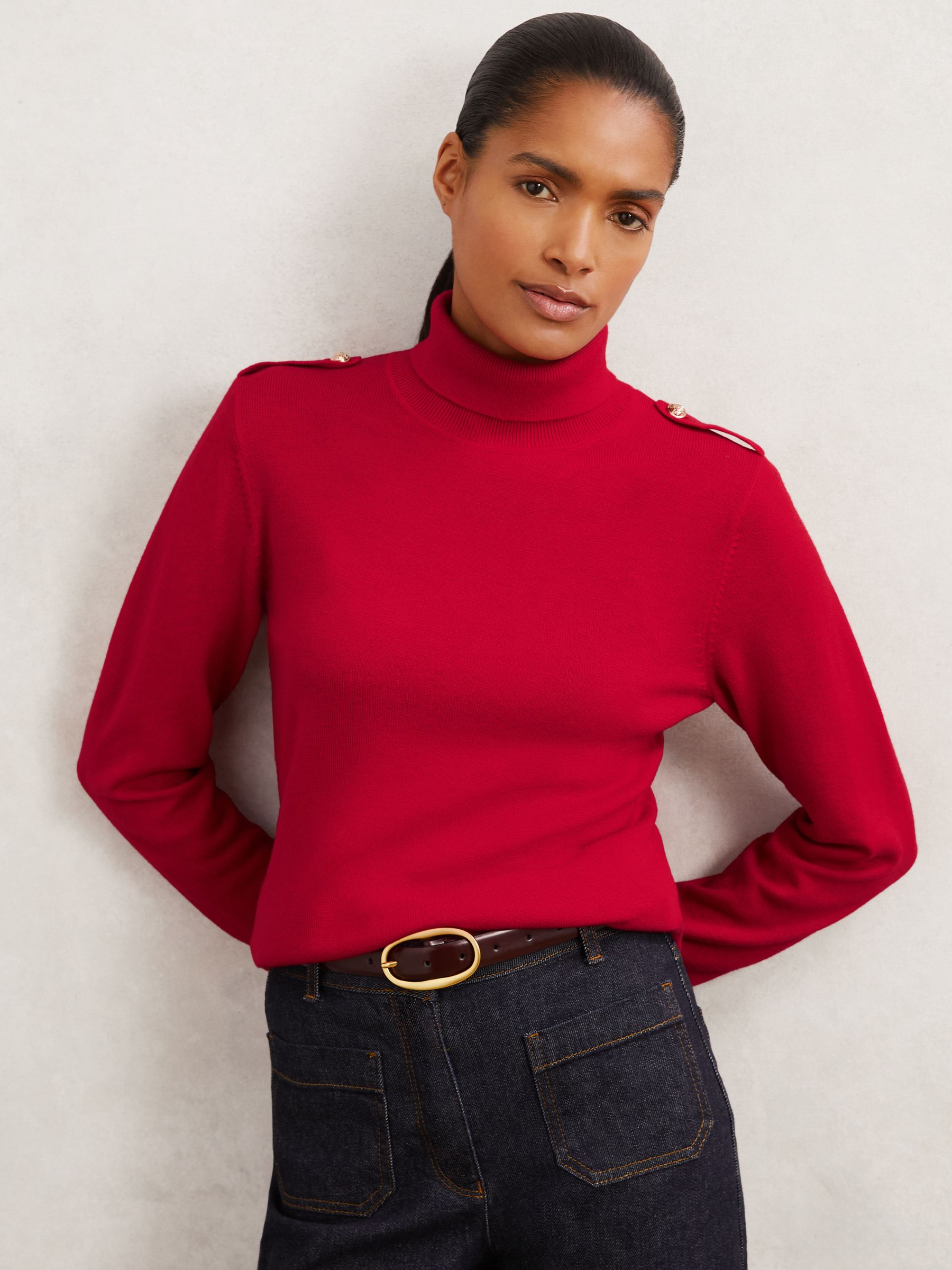 Wool Epaulette Roll-Neck Jumper in Blue