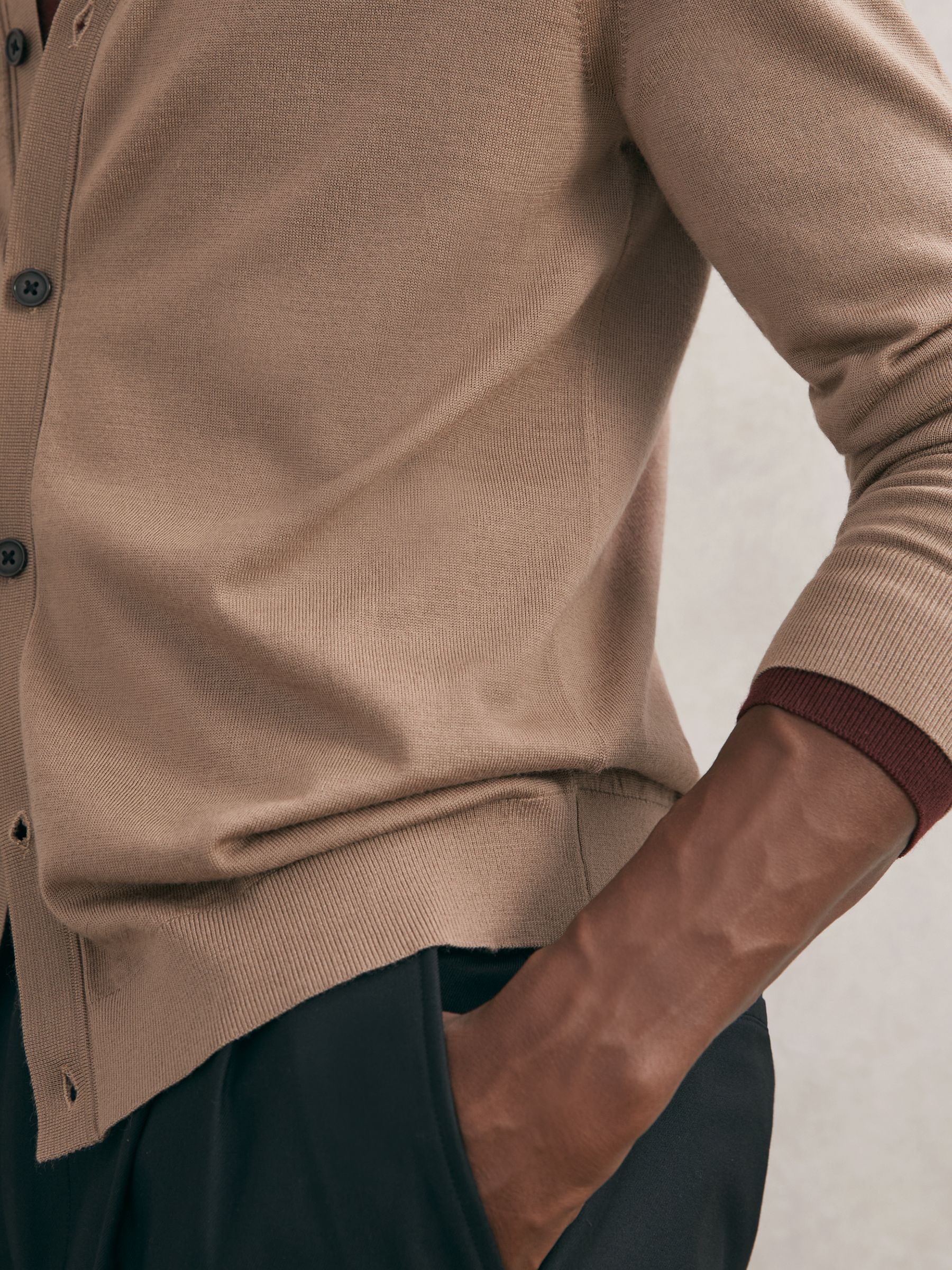 Merino Wool Button-Through Cardigan in Camel Brown