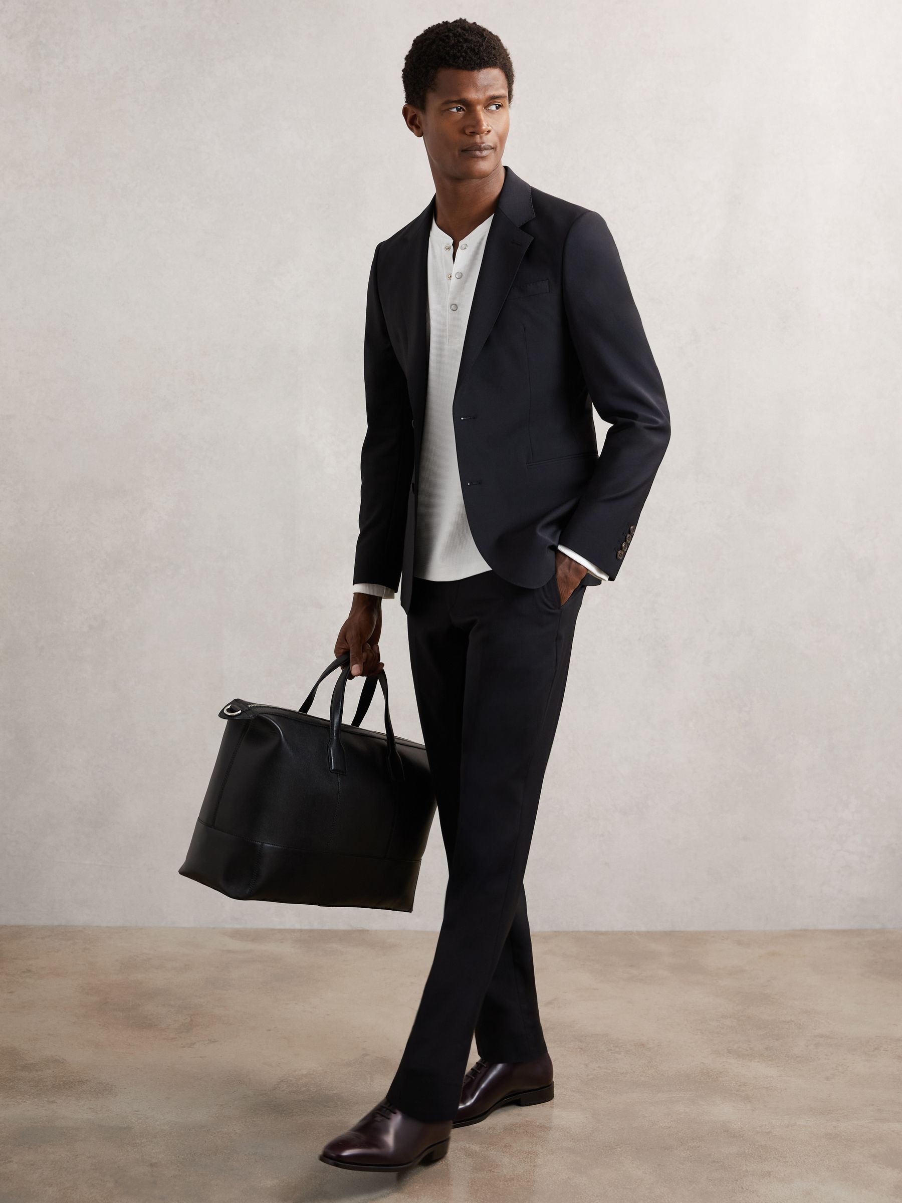 Textured Grandad-Collar Henley Shirt in White