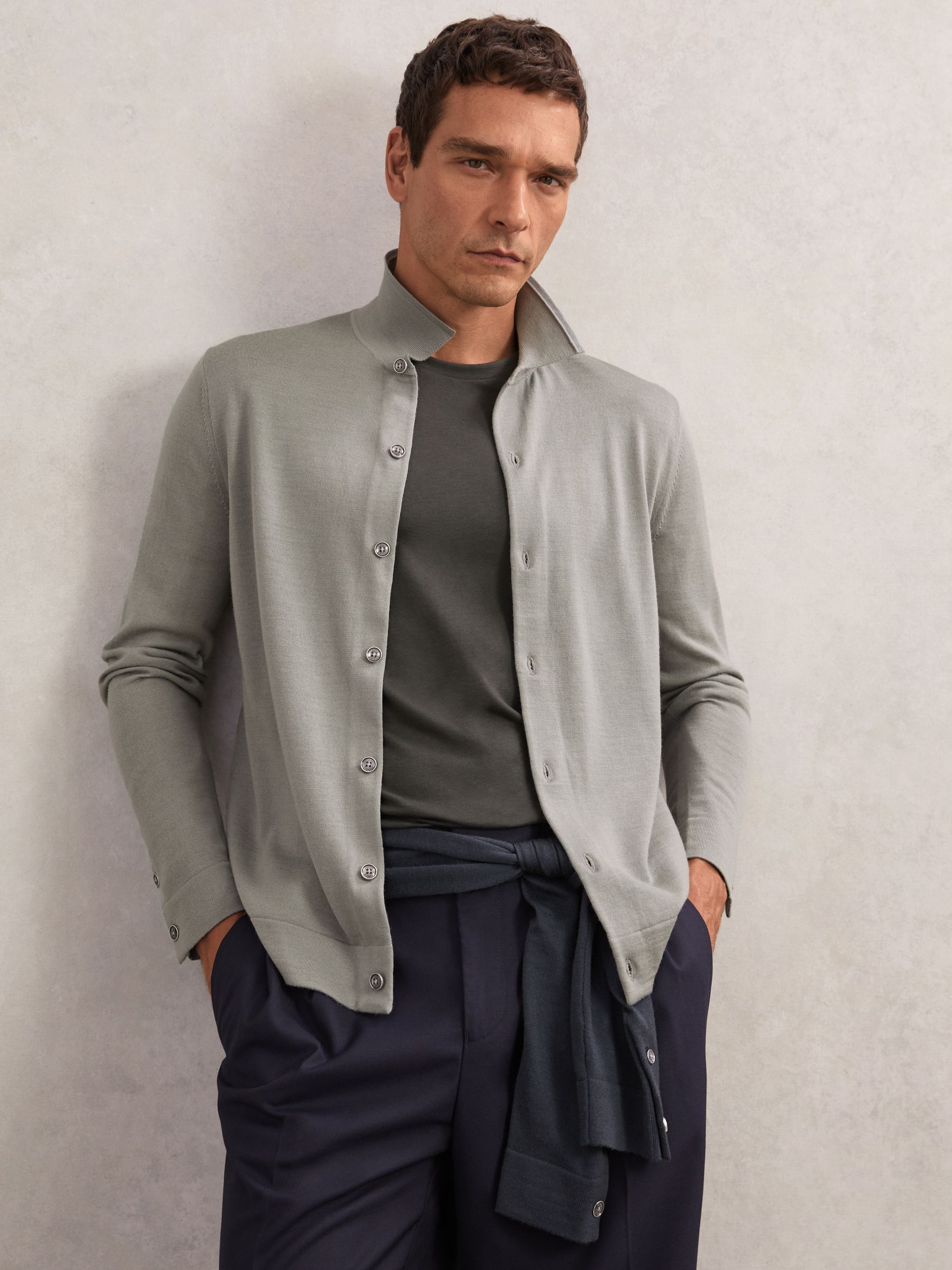 Merino Wool Button-Through Cardigan in Archer Green