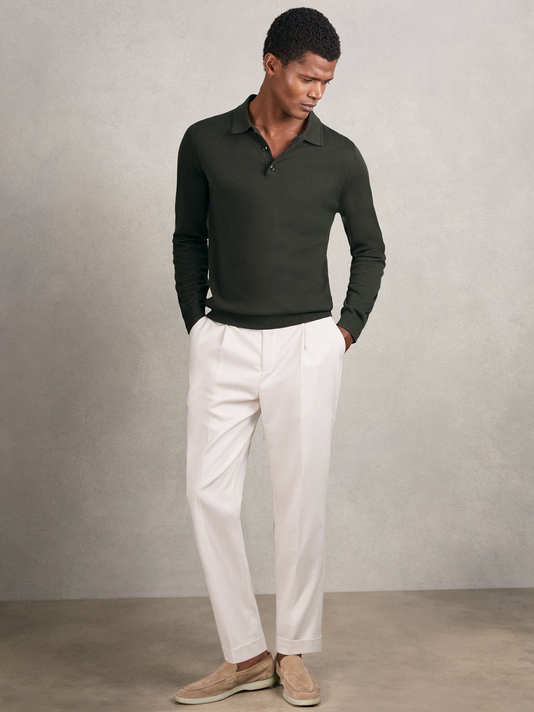 Merino Wool Long-Sleeve Polo Shirt in Beige