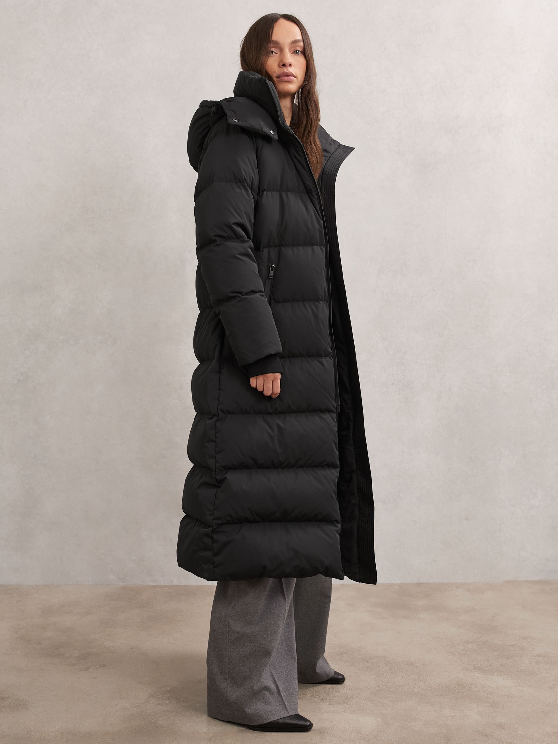 Petite Belted Longline Hooded Puffer Coat in Black