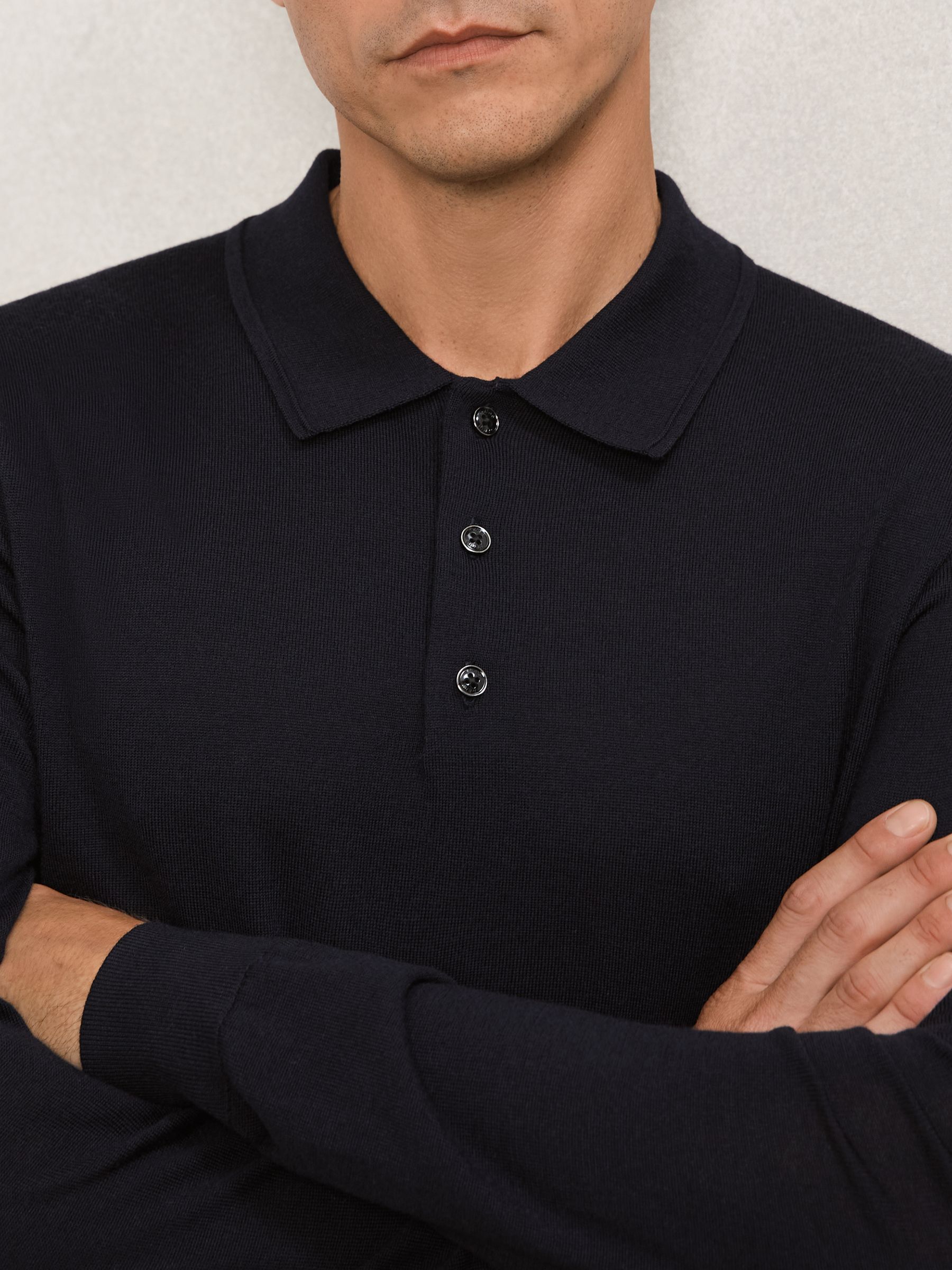 Merino Wool Long-Sleeve Polo Shirt in Navy