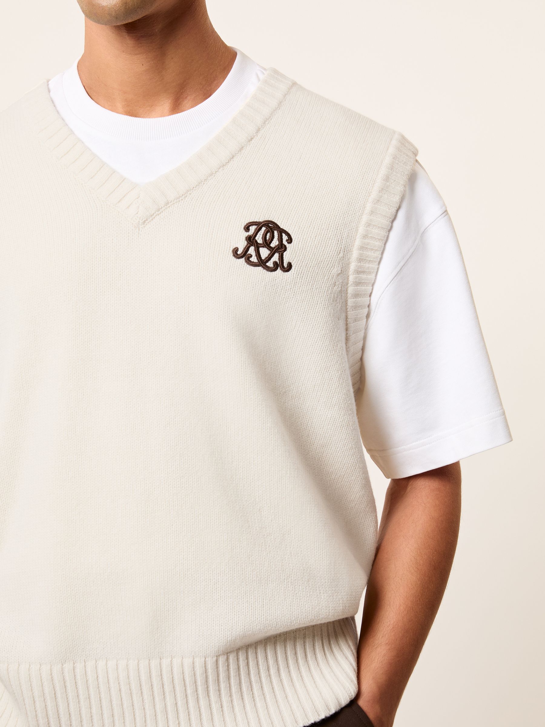 Monogram Embroidered Relaxed Wool Vest in Off White