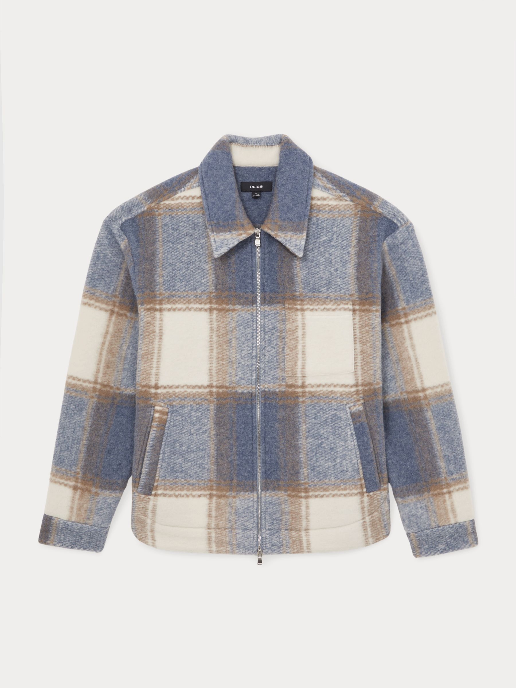 Zip-Through Check Overshirt in Stone/Blue