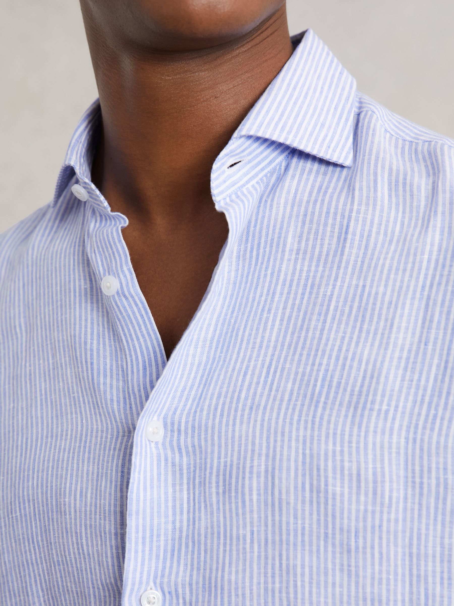 Linen Stripe Long-Sleeve Shirt in Soft Blue/White Fine Stripe