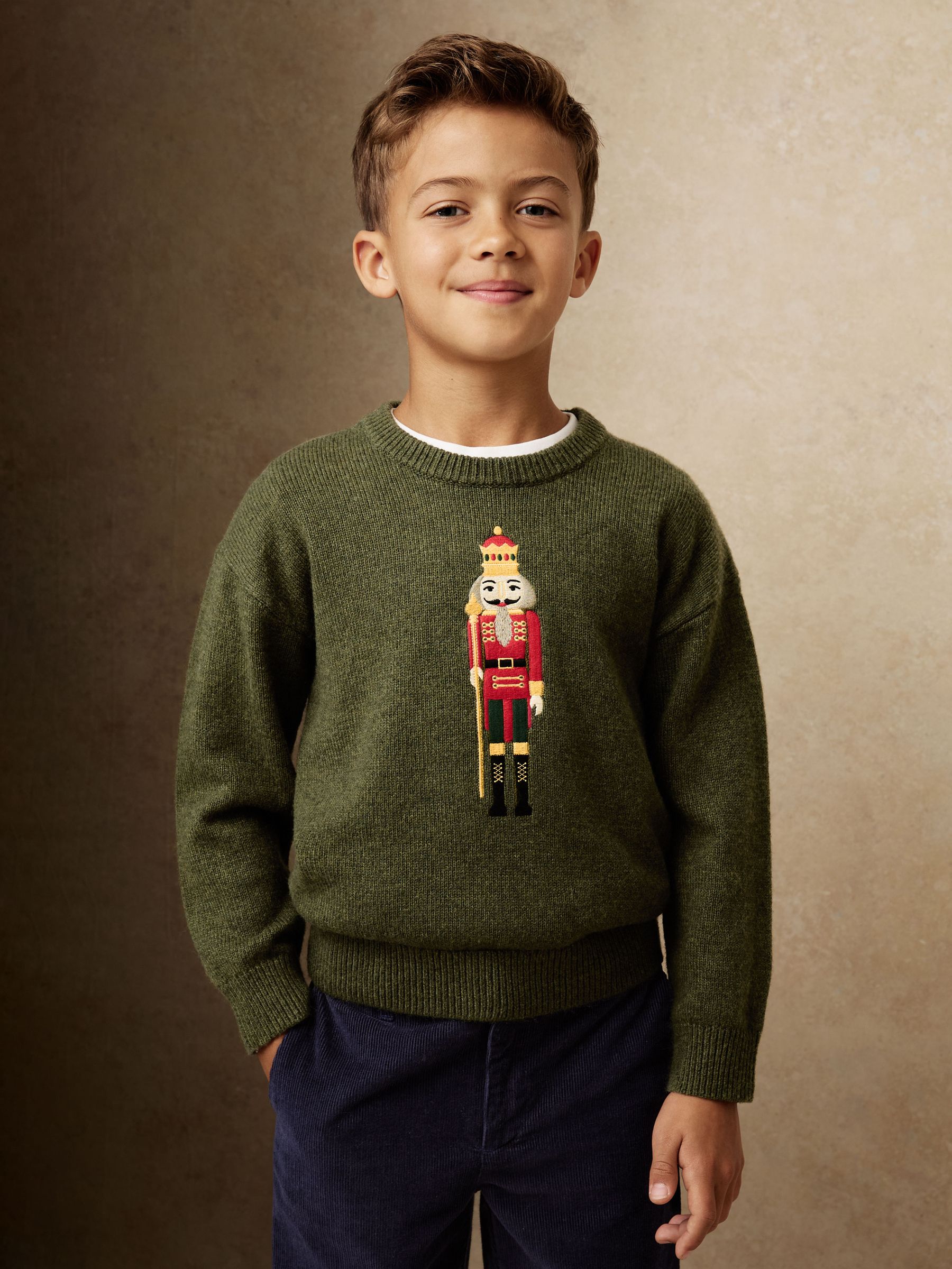 9-13 yrs Wool-Blend Nutcracker Jumper in Green