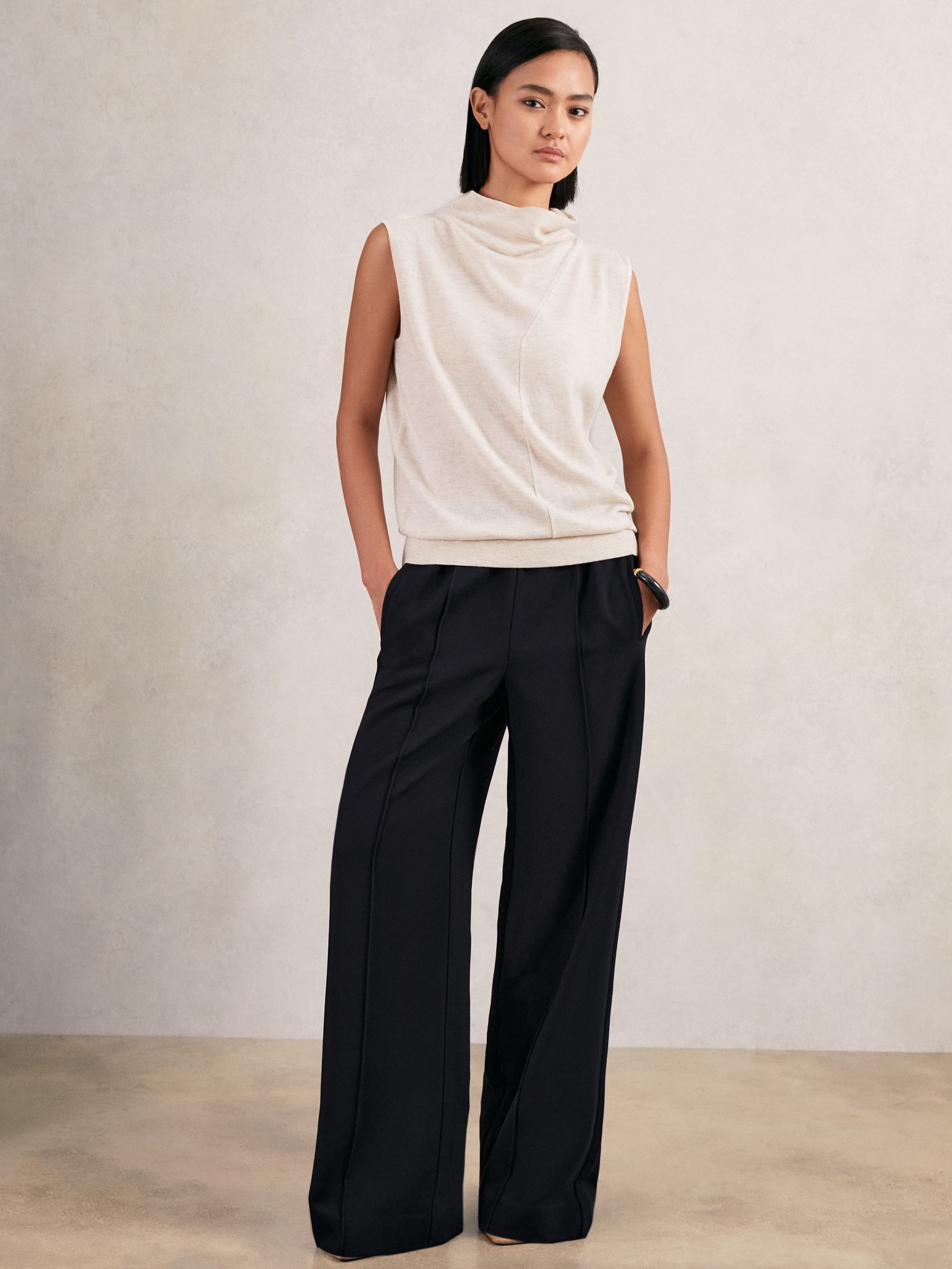 Petite Wide Leg Elasticated Waist Trousers in Navy