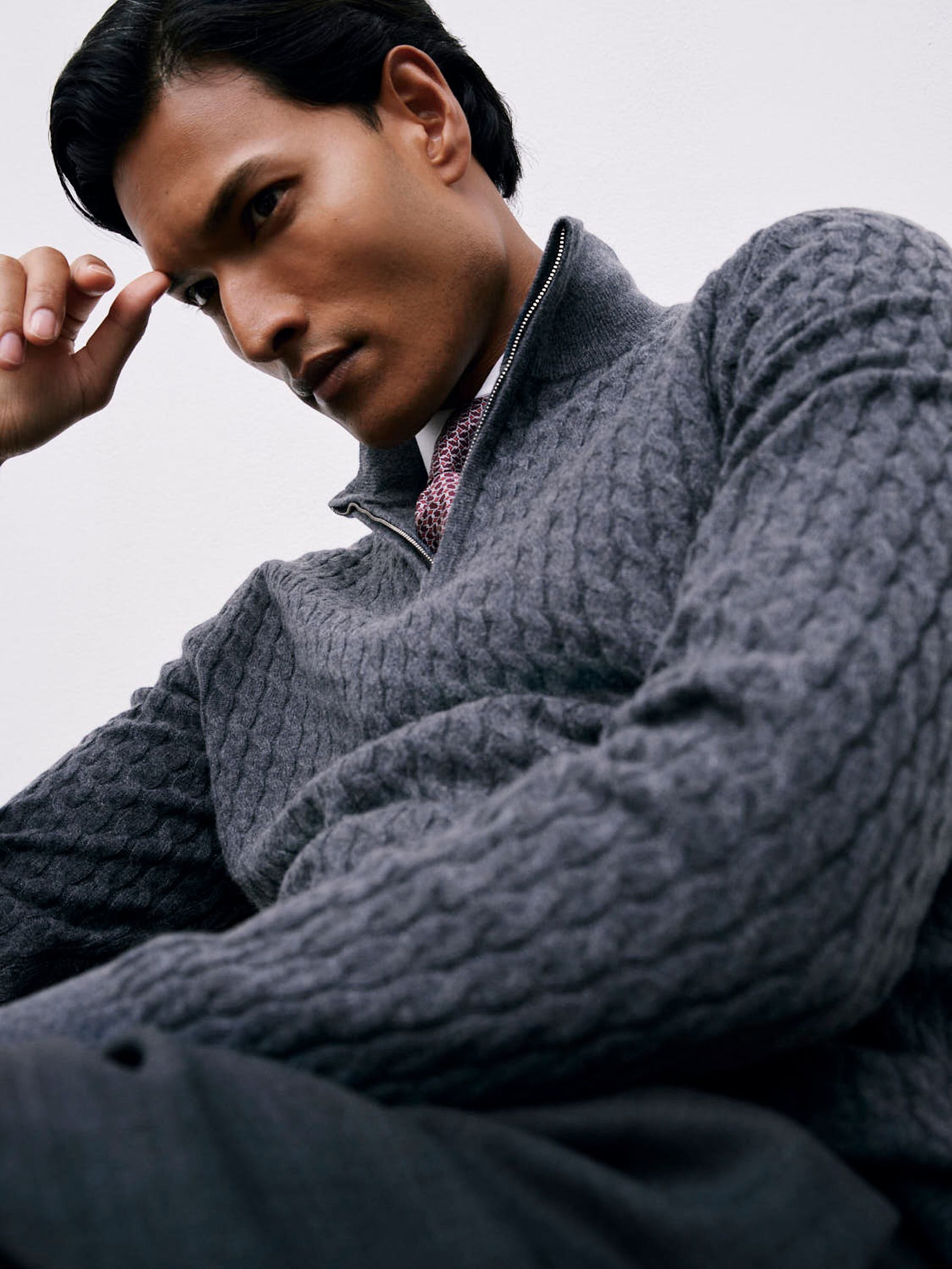 Atelier 100% Cashmere Cable Zip Jumper in Denim Blue