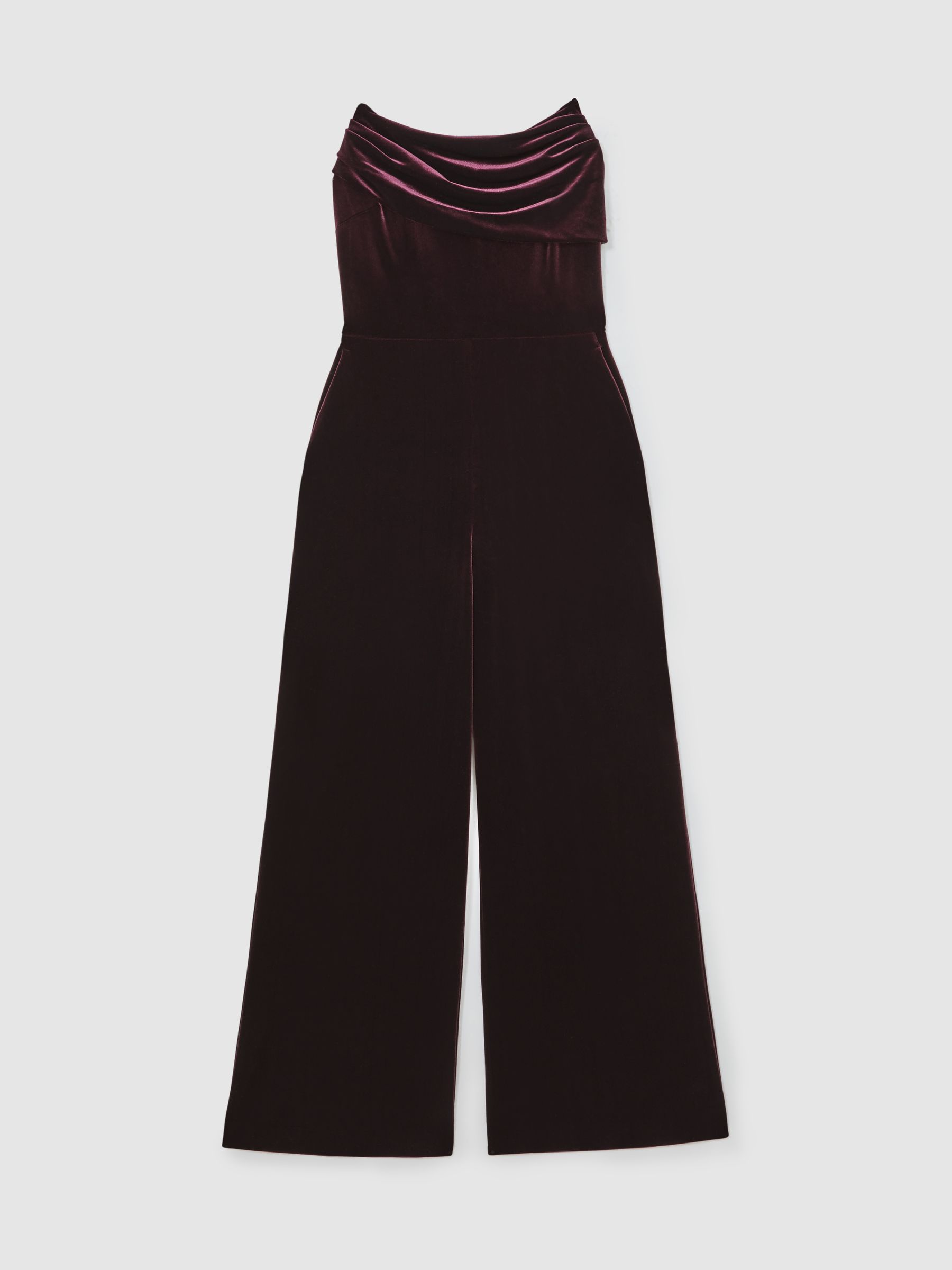 Petite Velvet Drape Strapless Jumpsuit in Burgundy