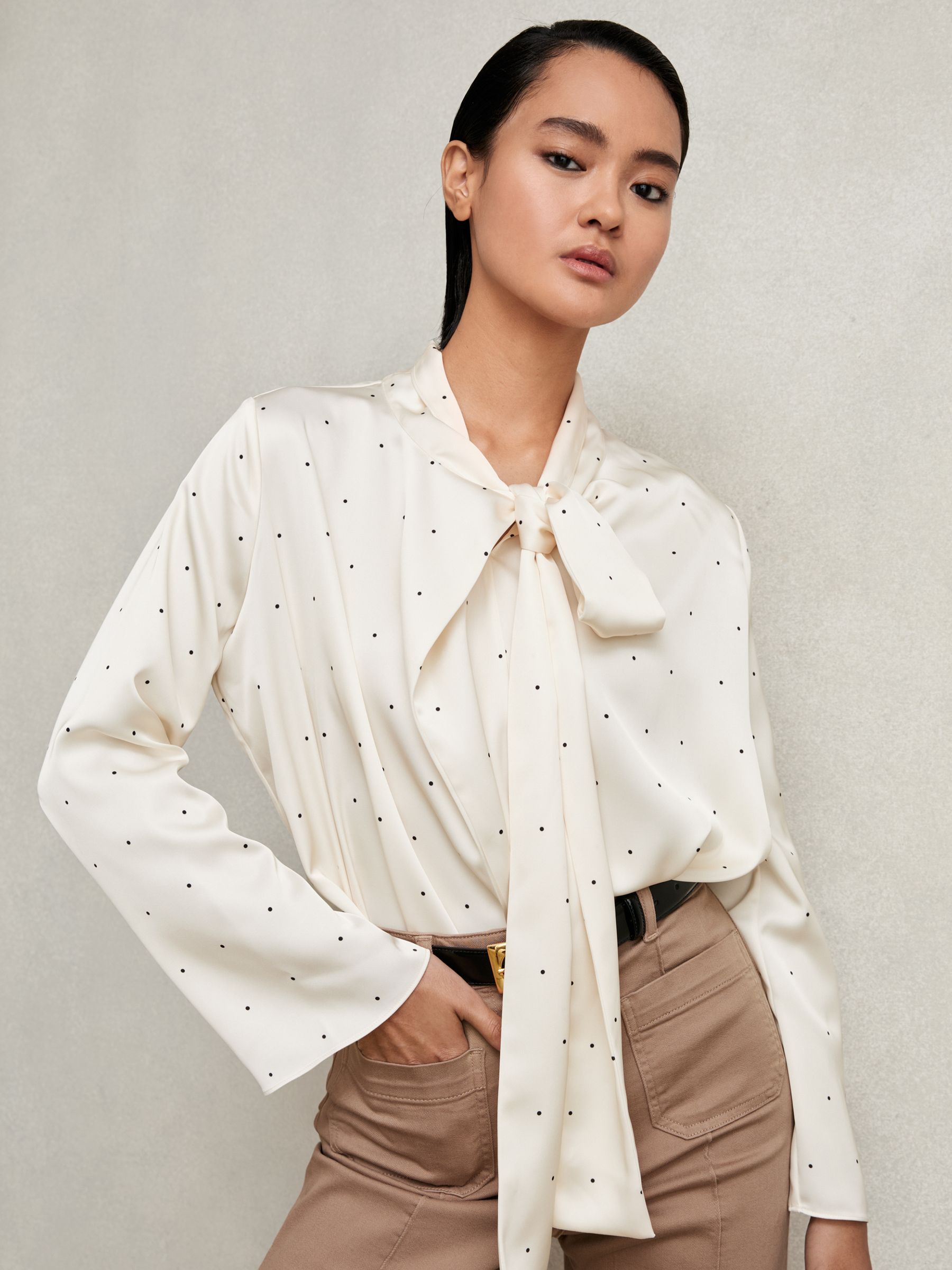 Satin Polka Dot Tie Neck Blouse in Ivory