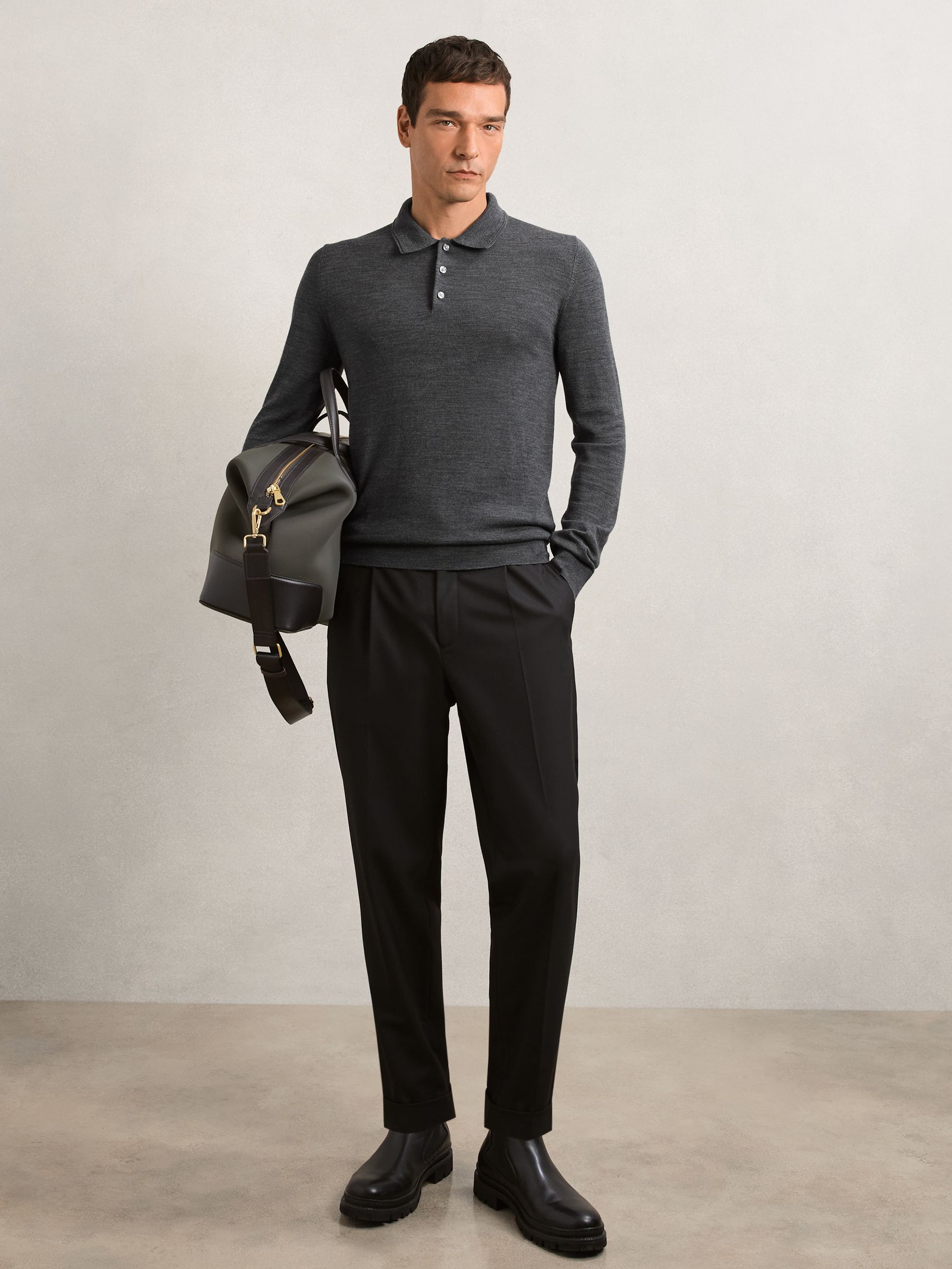 Merino Wool Long-Sleeve Polo Shirt in Beige