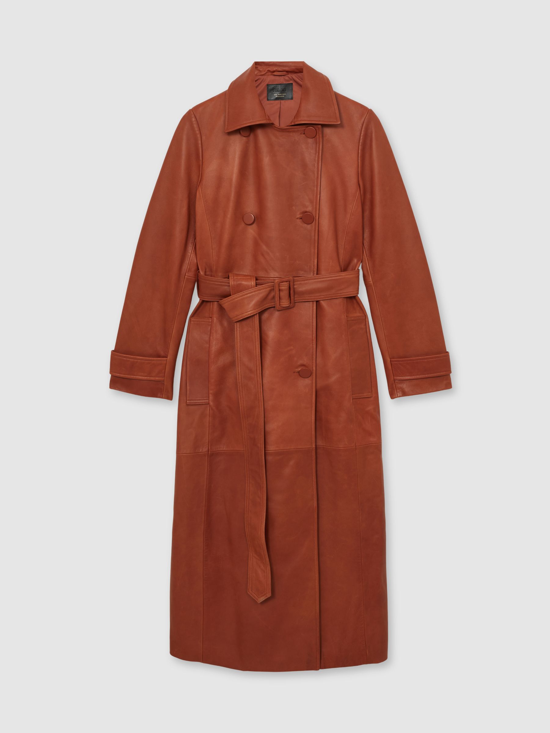 Leather Double-Breasted Trench Coat in Tan