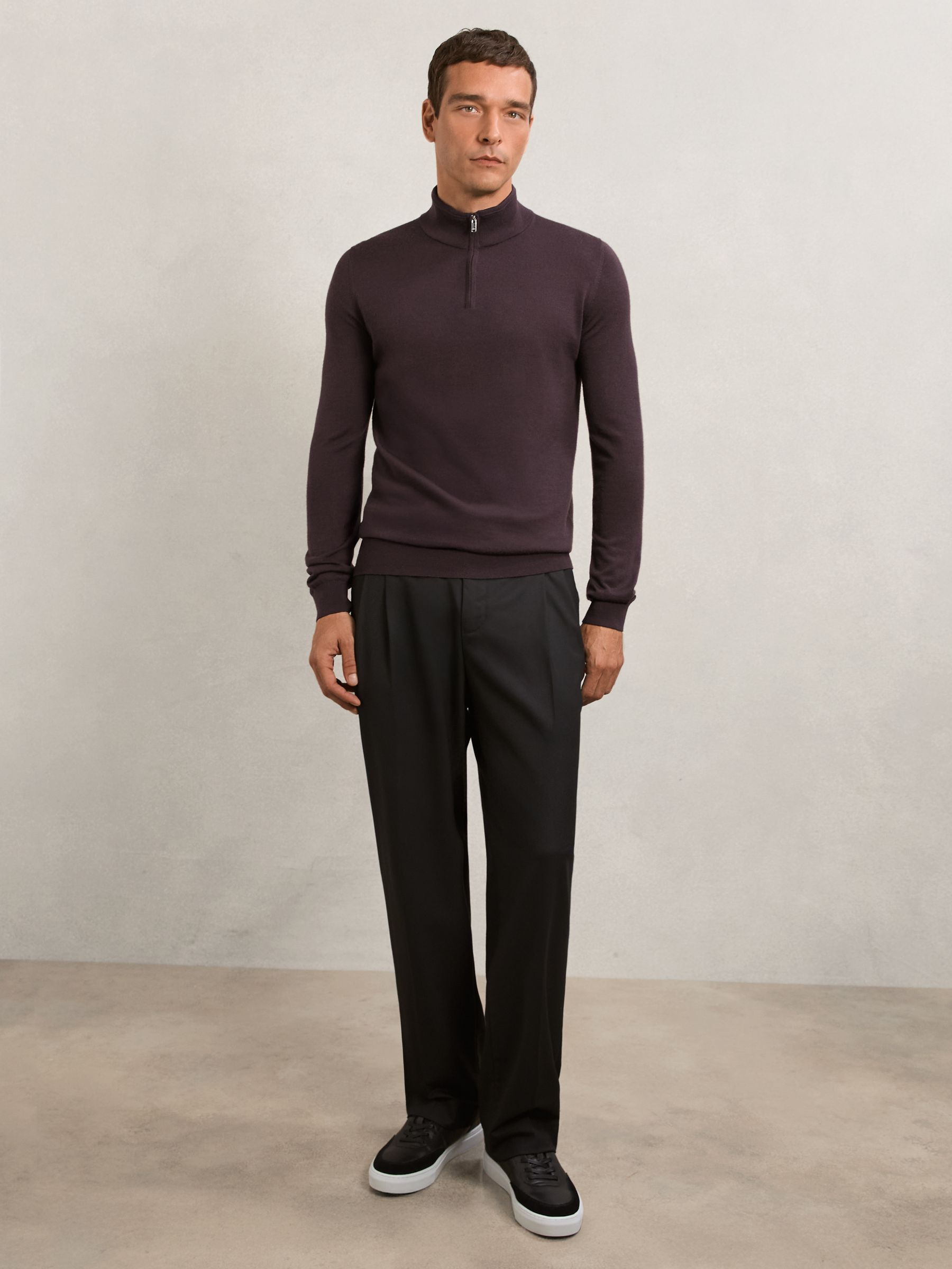 Merino Wool Half-Zip Funnel Neck Jumper in Dark Bordeaux