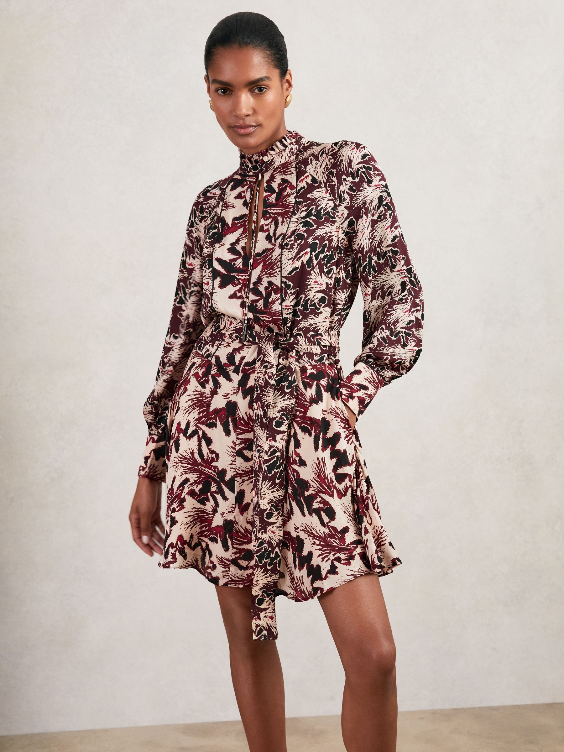 Printed Tie-Waist Flippy Mini Dress in Burgundy/Cream