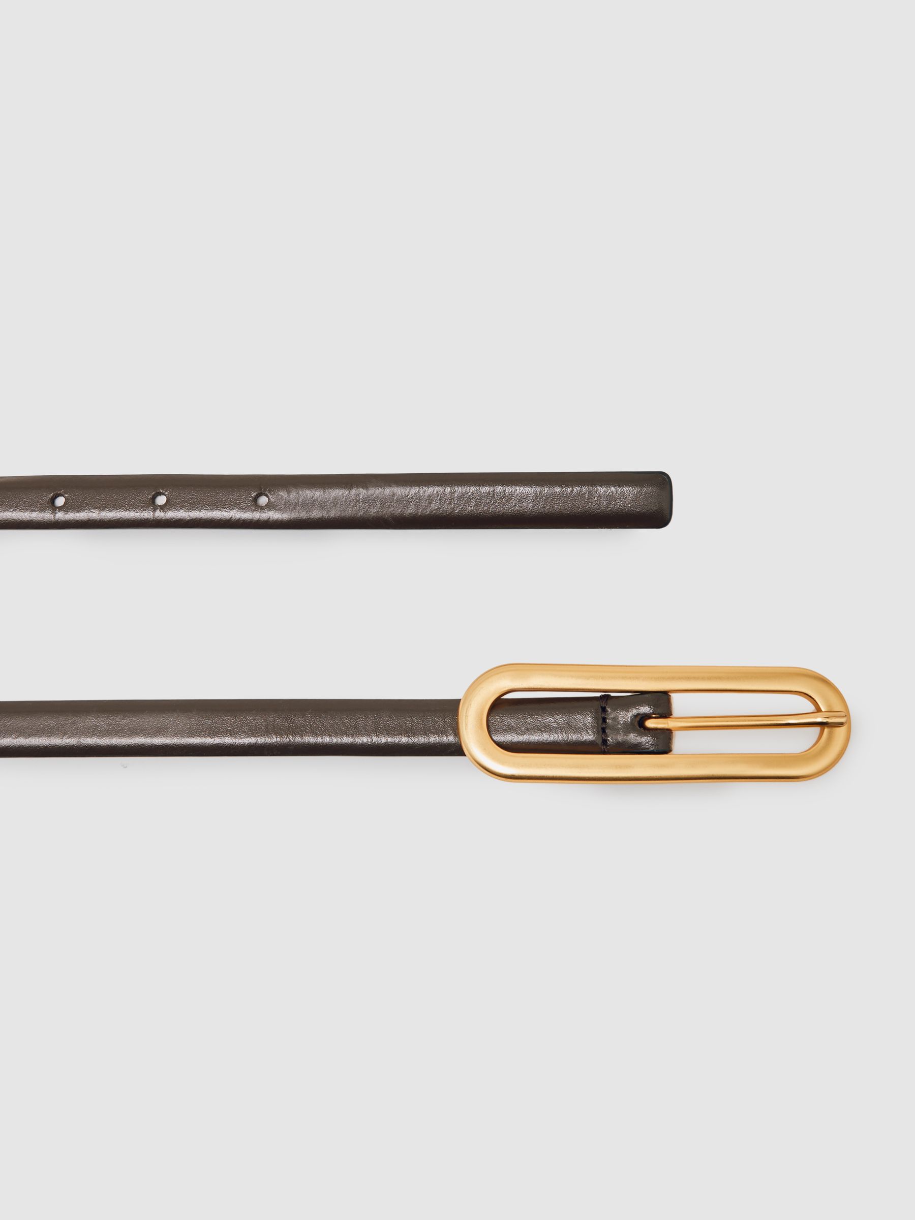 Thin Leather Elongated Buckle Belt in Chocolate