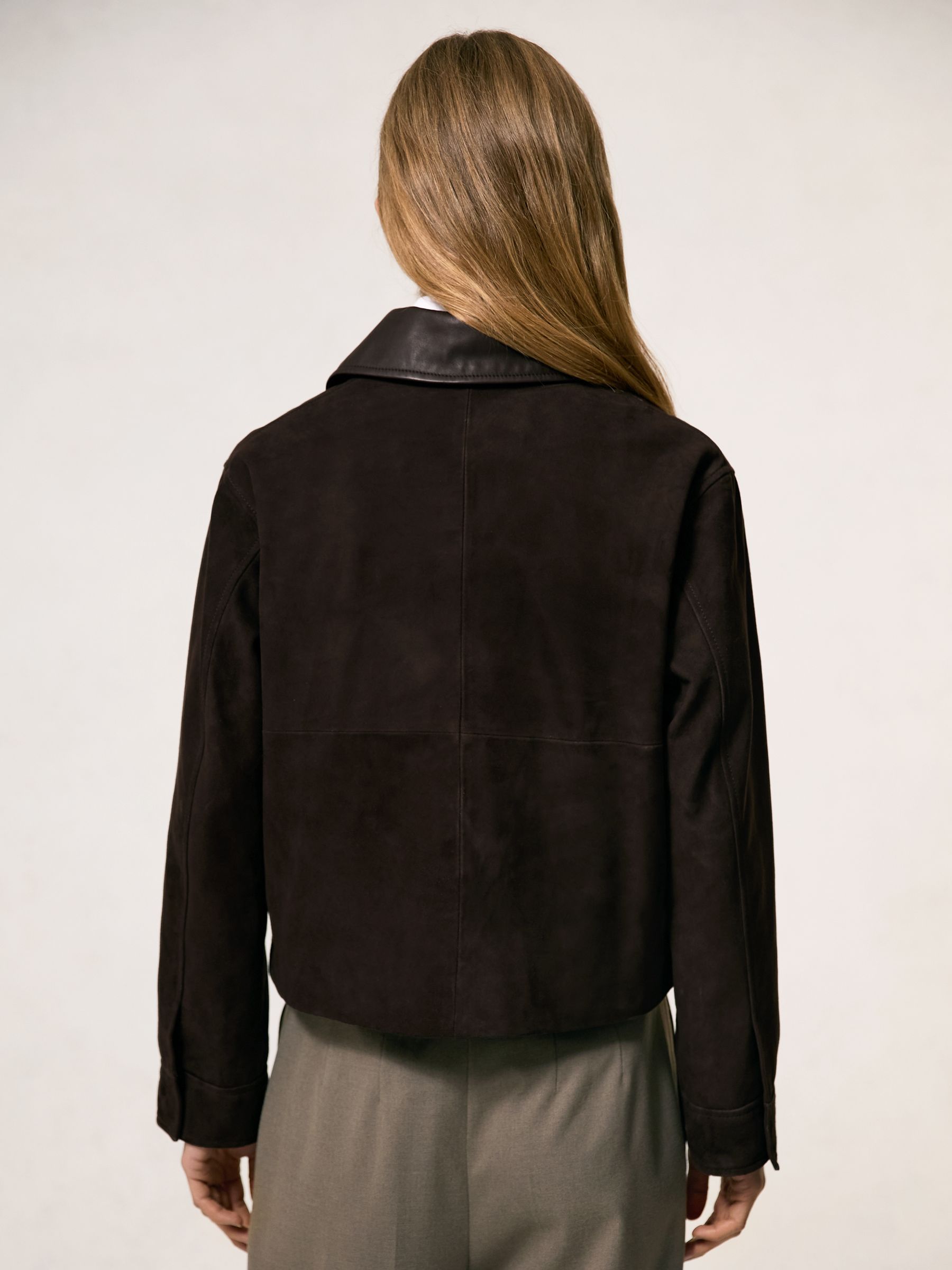 Leather-Collar Suede Jacket in Chocolate Brown