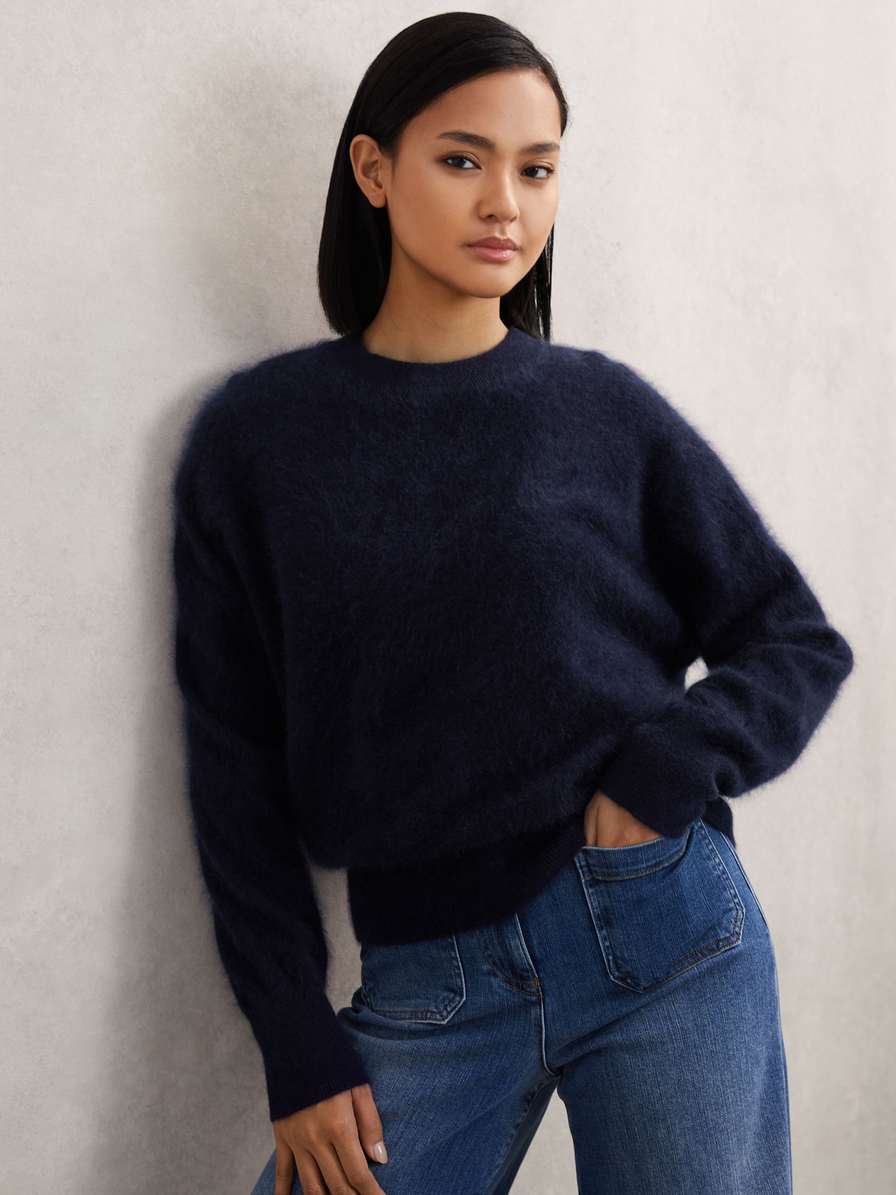 Brushed Cashmere Crew Neck Jumper in Navy