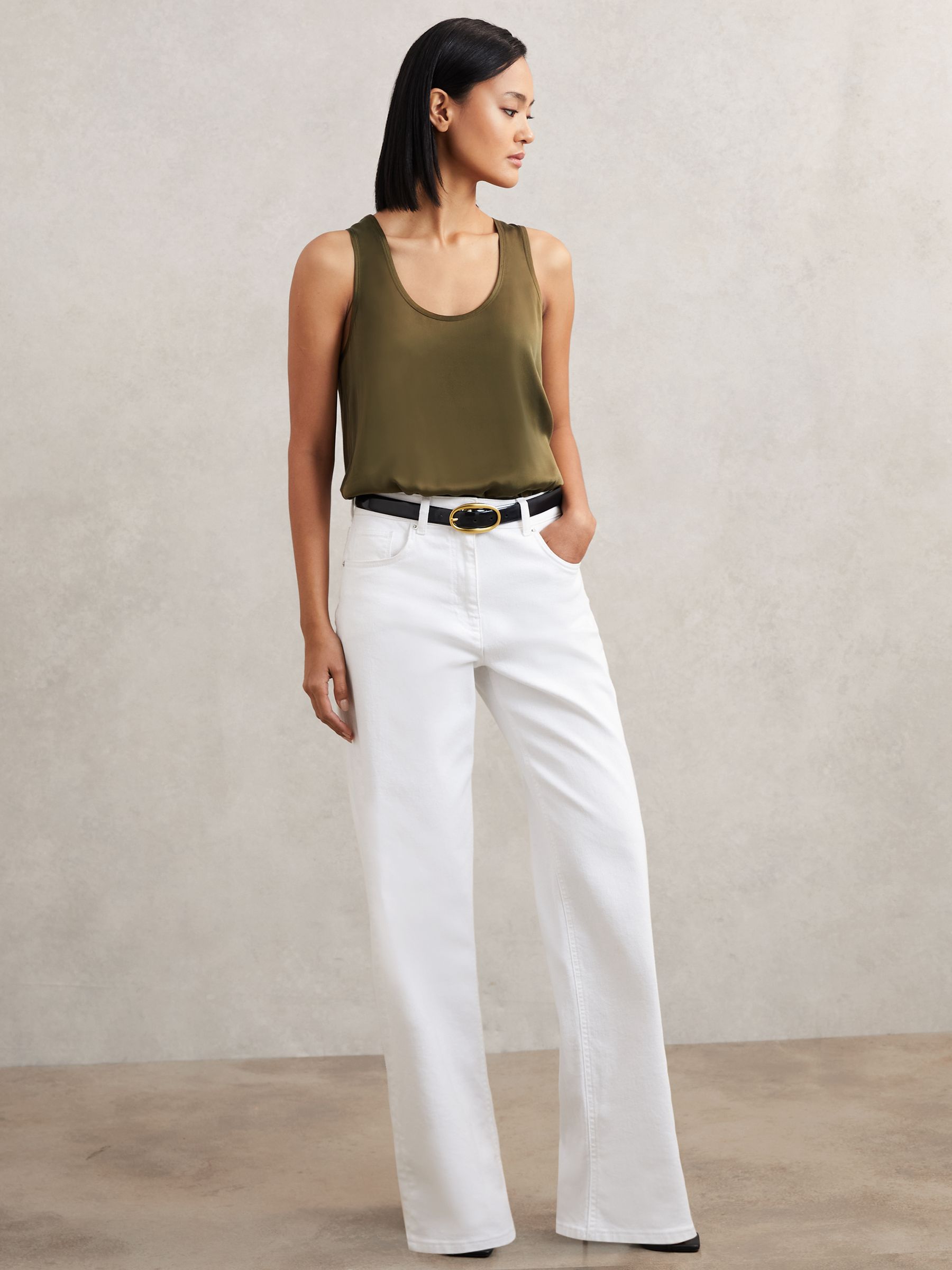 Silk-Front Cami Top in Khaki Green