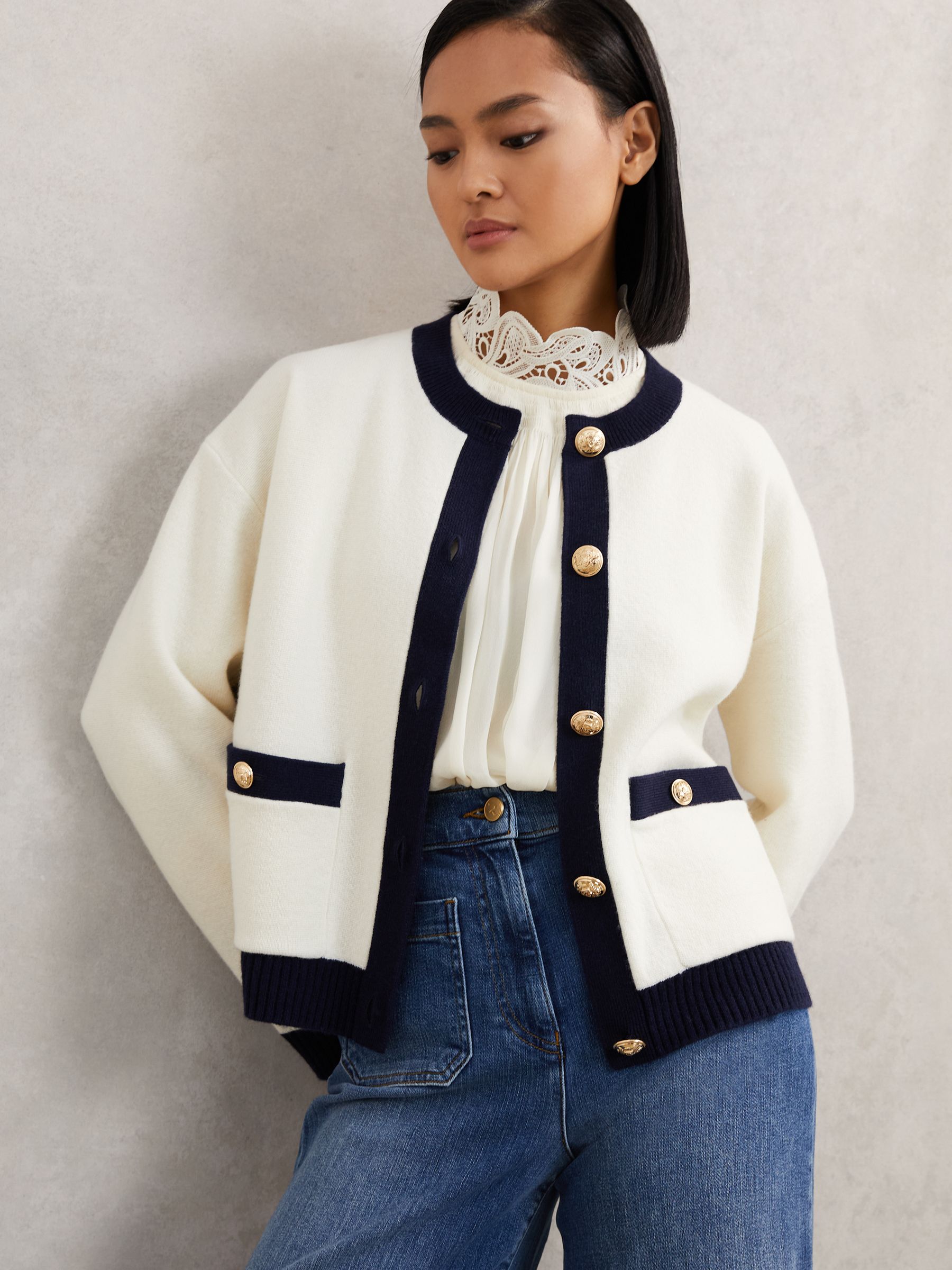 Wool-Cashmere Crew-Neck Cardigan in Cream/Navy