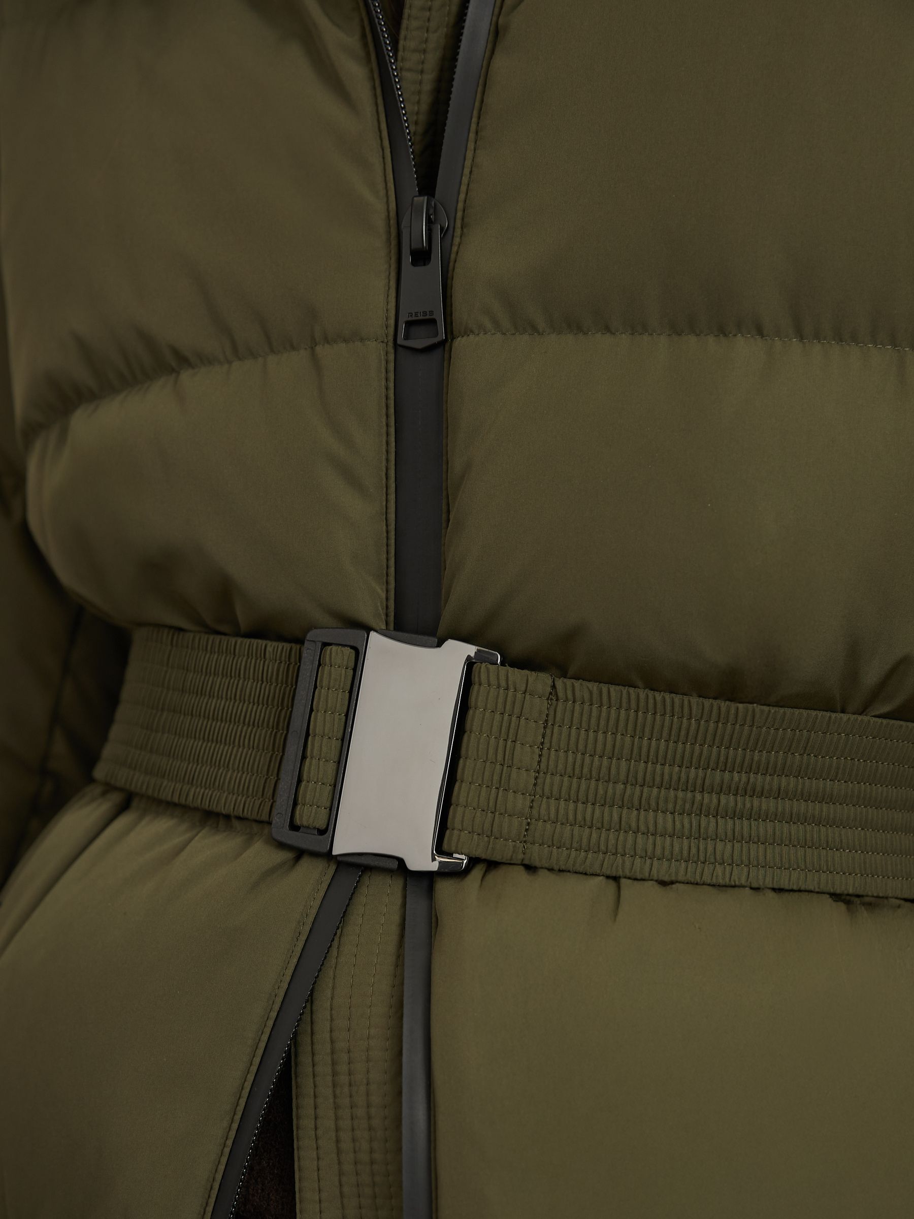 Petite Belted Longline Hooded Puffer Coat in Khaki