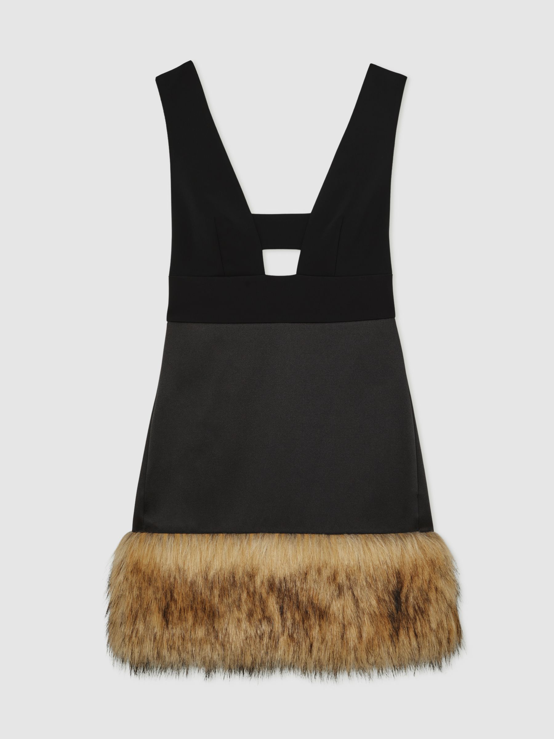 Atelier Satin Faux-Fur Trim Mini Dress in Black