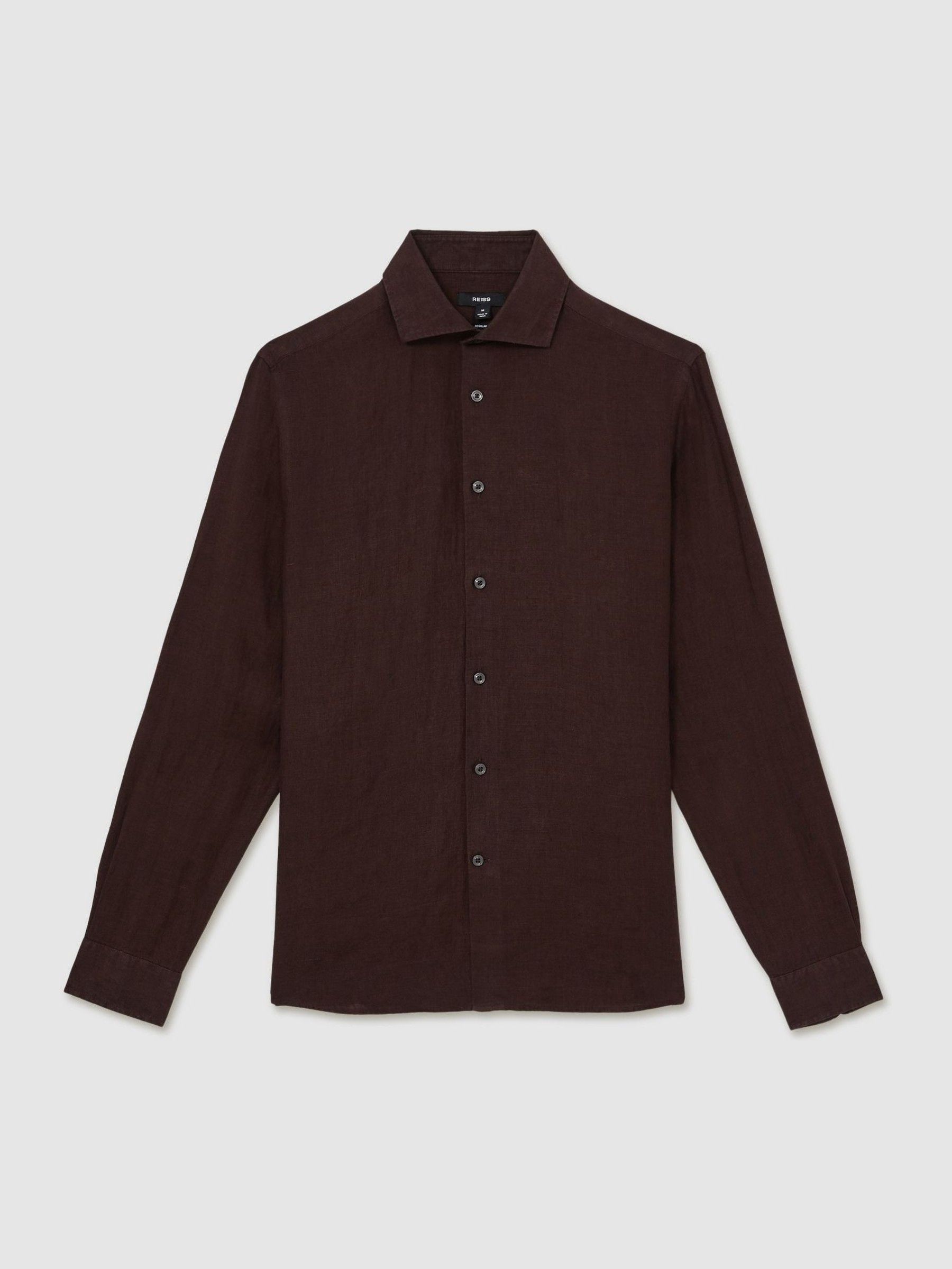 Linen Cutaway-Collar Shirt in Dark Brown