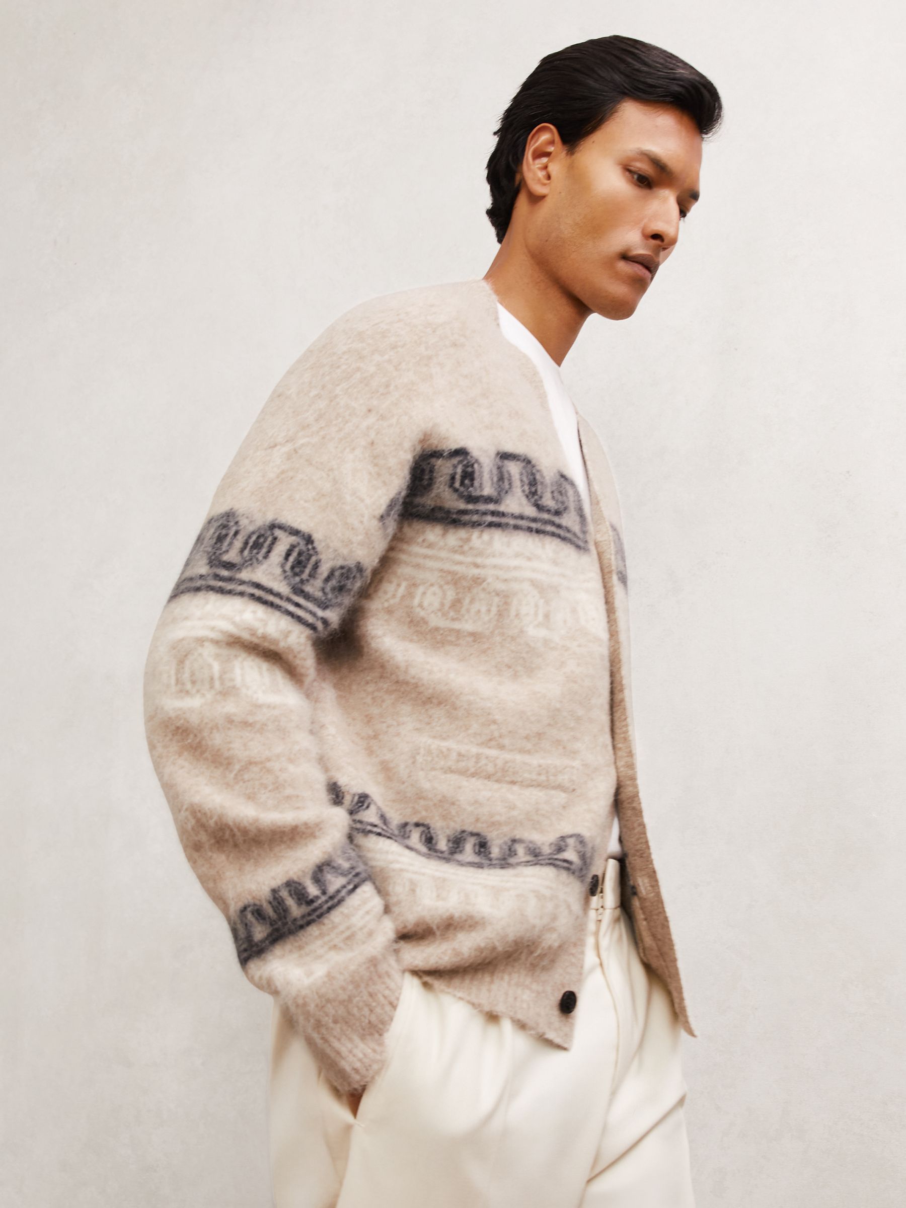 Alpaca Wool-Blend Fair Isle Cardigan in Oatmeal