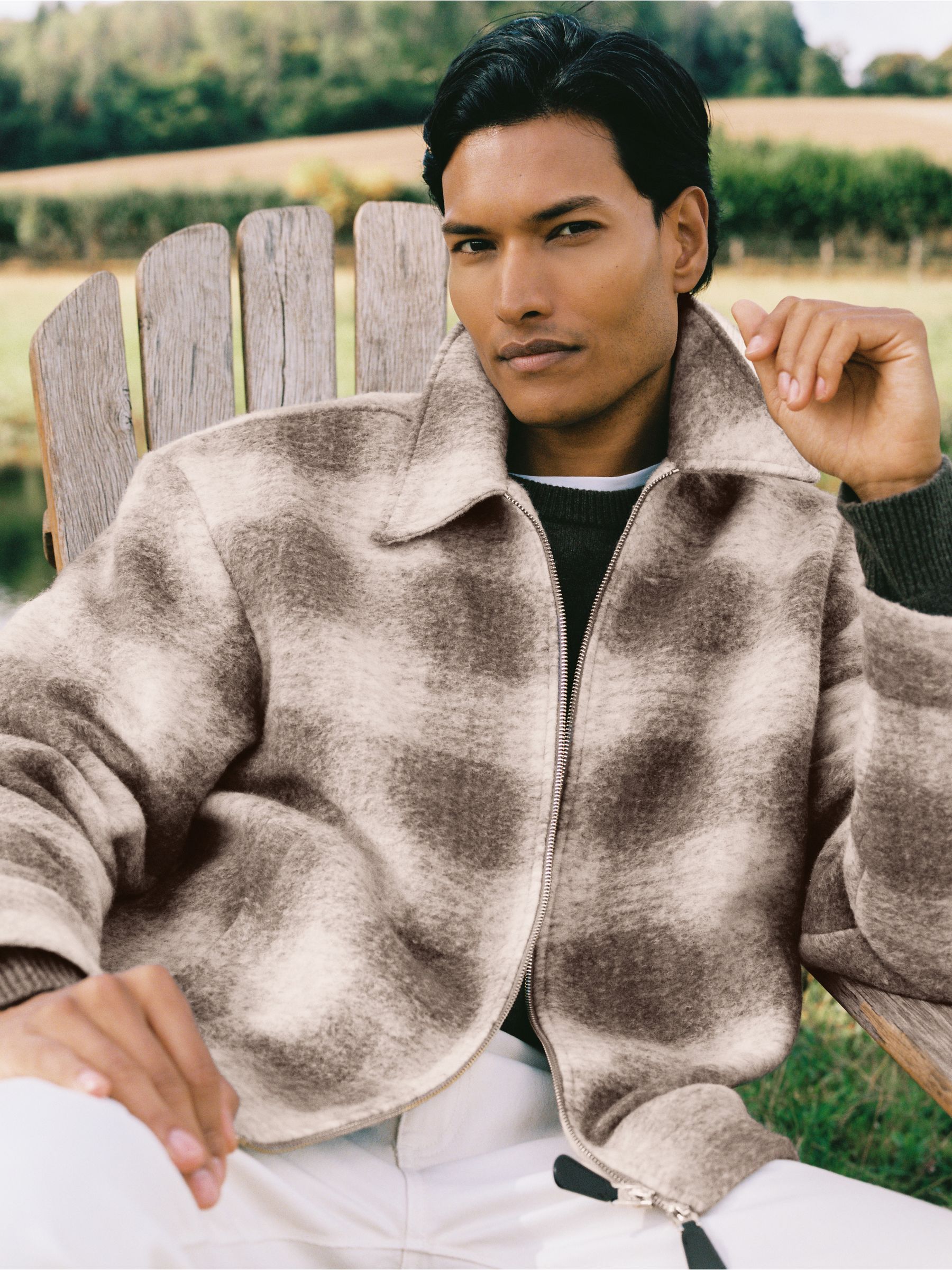 Brushed Check Zip-Through Overshirt with Wool in Ecru/Brown