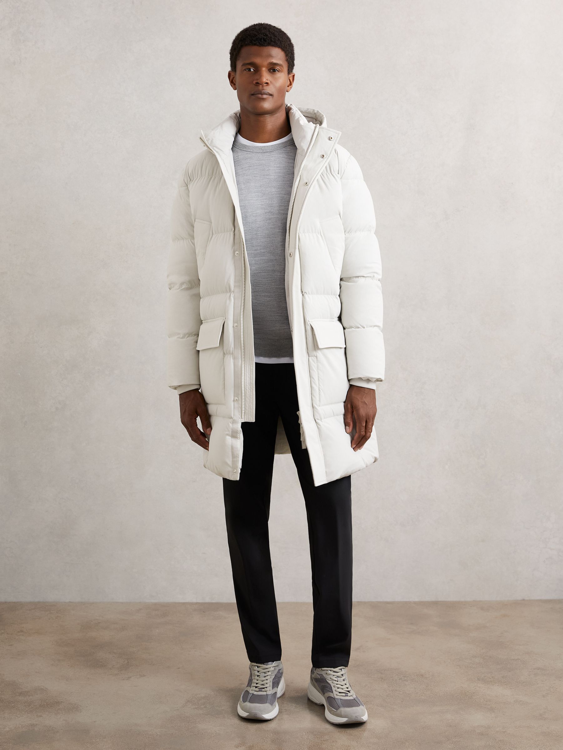 Longline Quilted Puffer Jacket in Light Stone